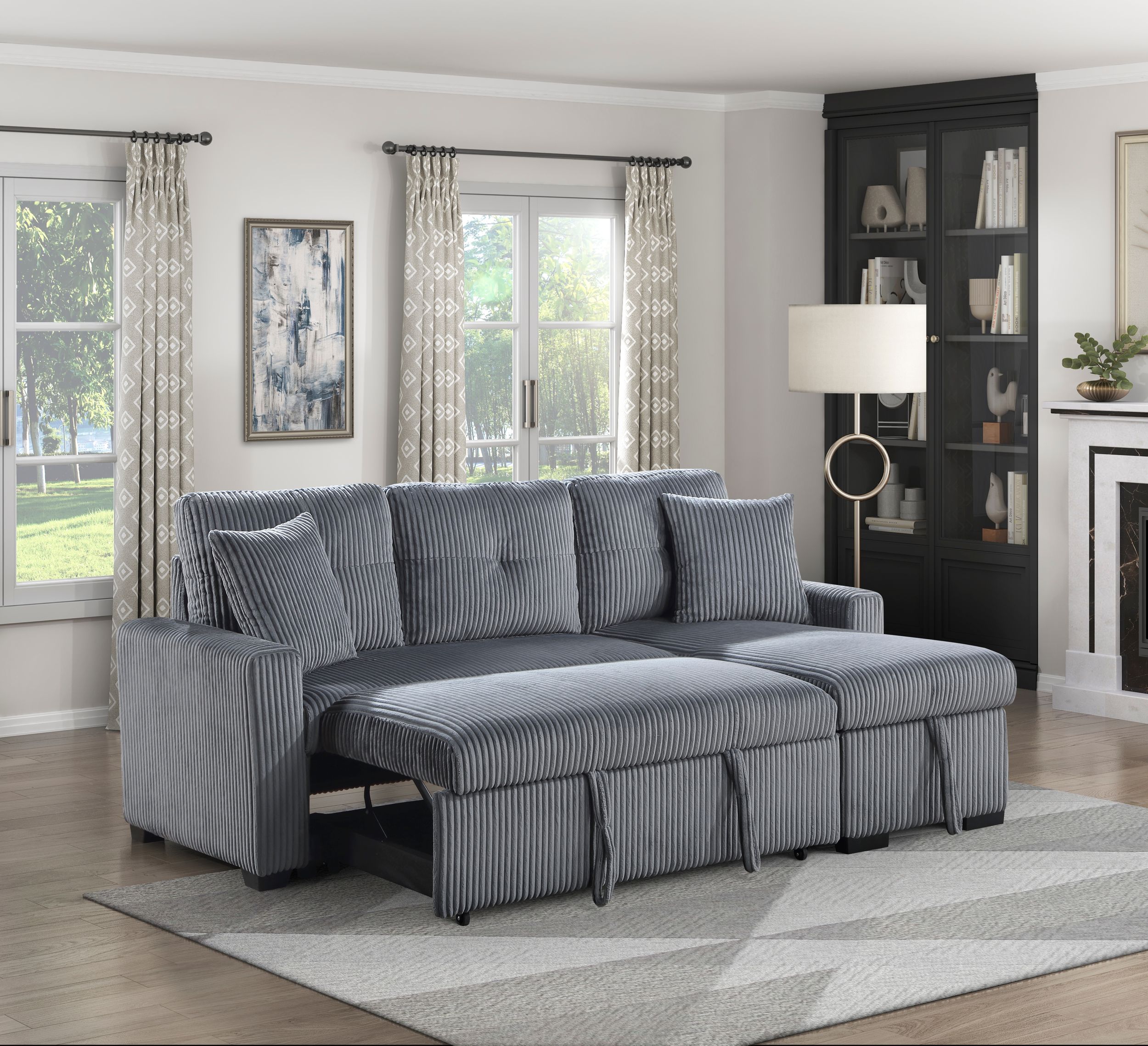 Rhett Corduroy 3‑Piece Reversible Sectional Sofa Chaise with Pull‑Out Bed & Hidden Storage