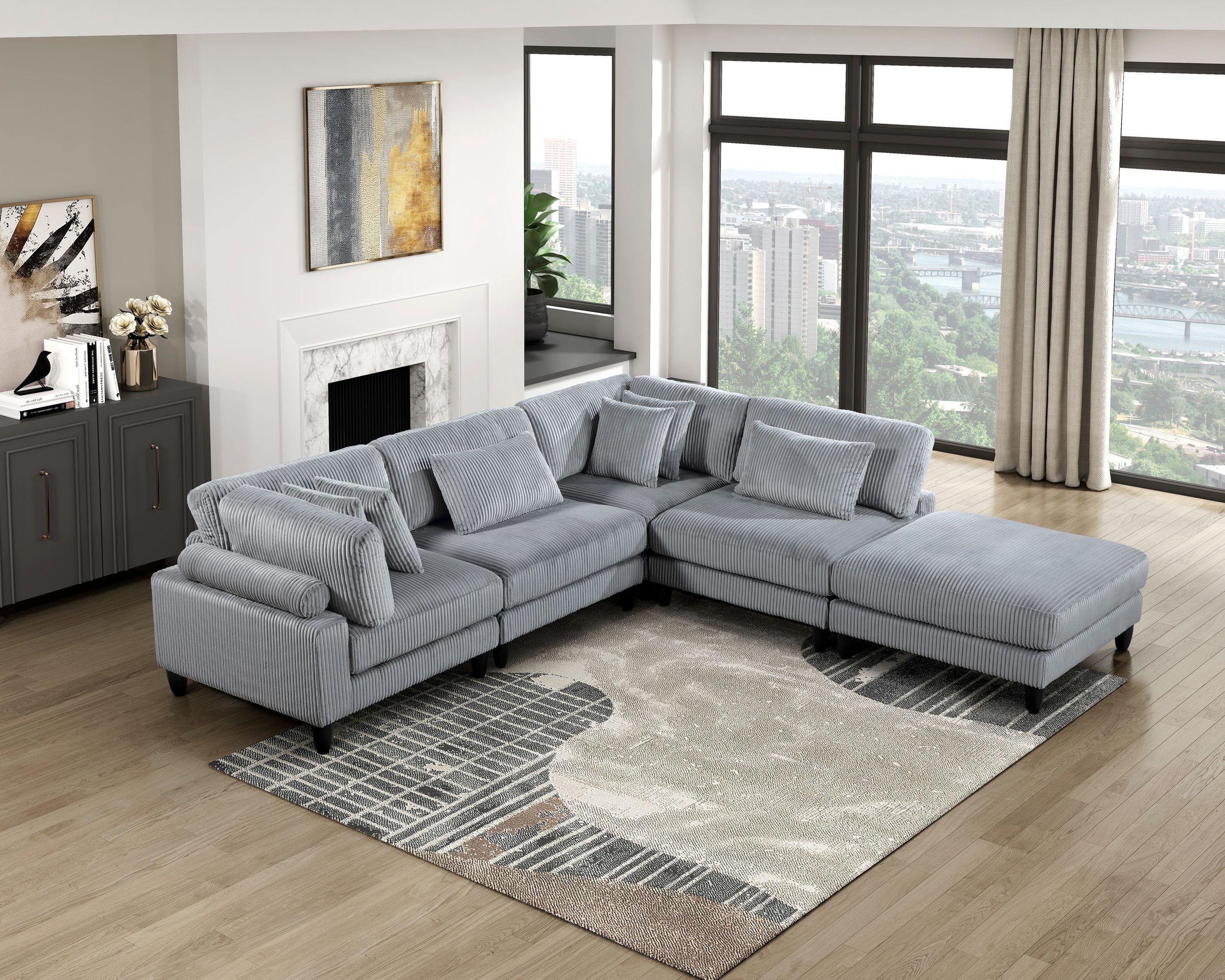 Robstown U-Shaped Corduroy 6‑Piece Modular Sectional with Ottomans