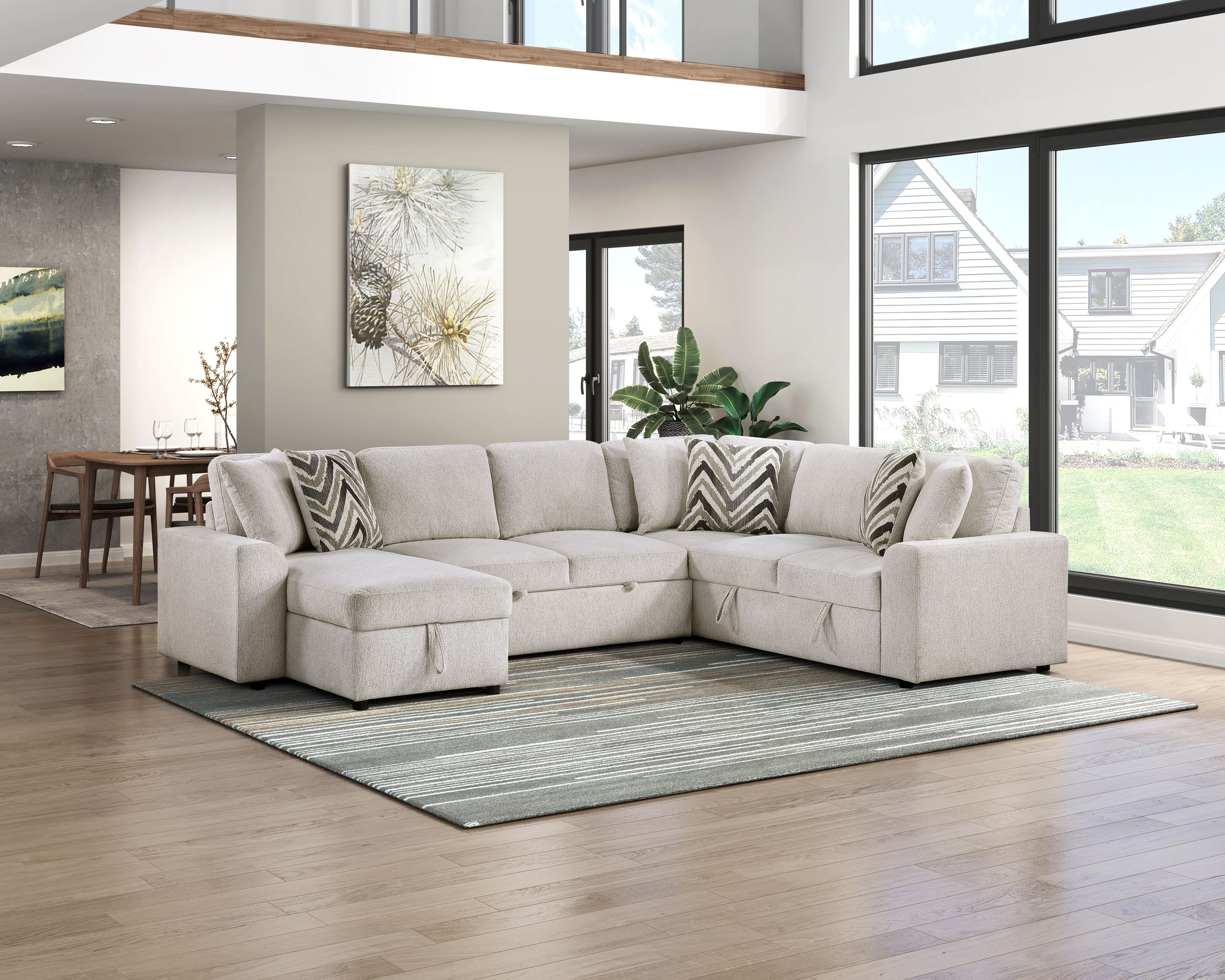 Myrtle U-Shape Chenille 3‑Piece Sectional with Pull‑out Bed & Hidden Storage