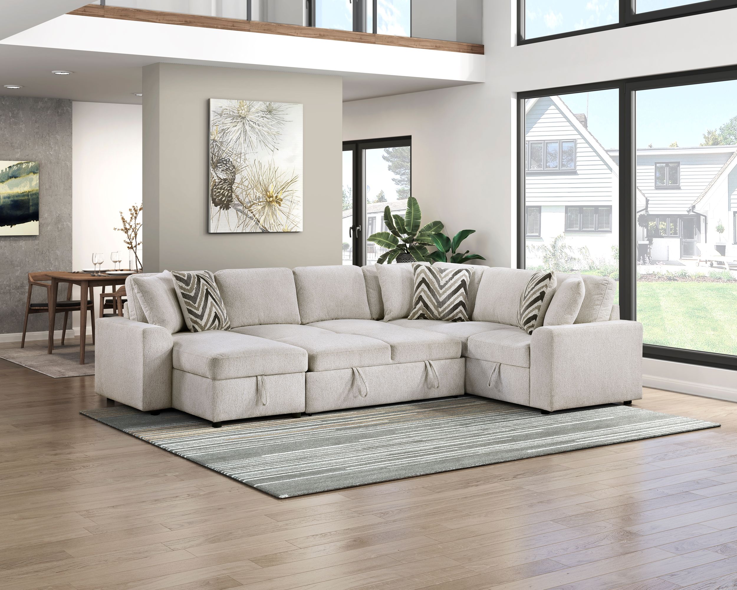 Myrtle U-Shape Chenille 3‑Piece Sectional with Pull‑out Bed & Hidden Storage