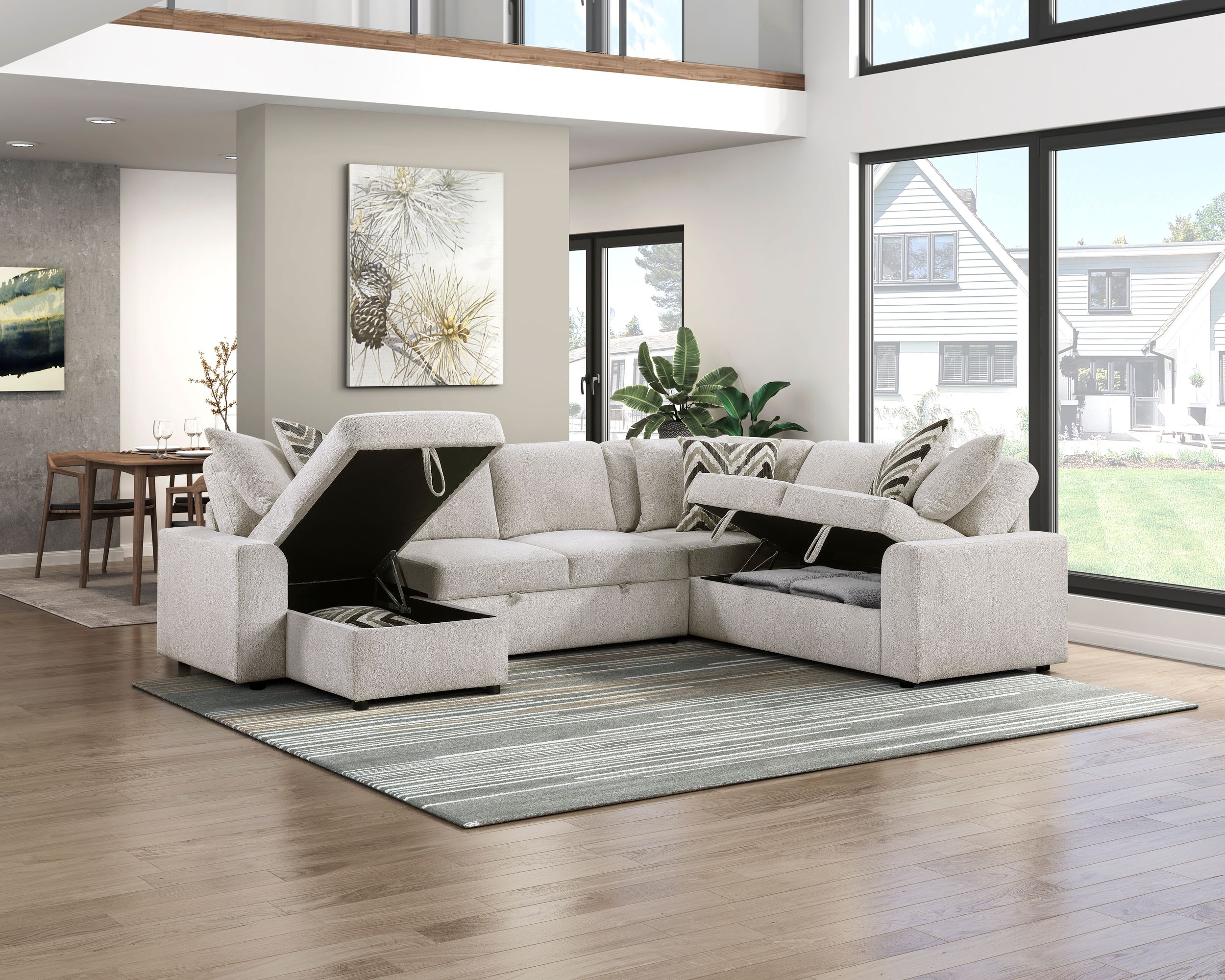 Myrtle U-Shape Chenille 3‑Piece Sectional with Pull‑out Bed & Hidden Storage