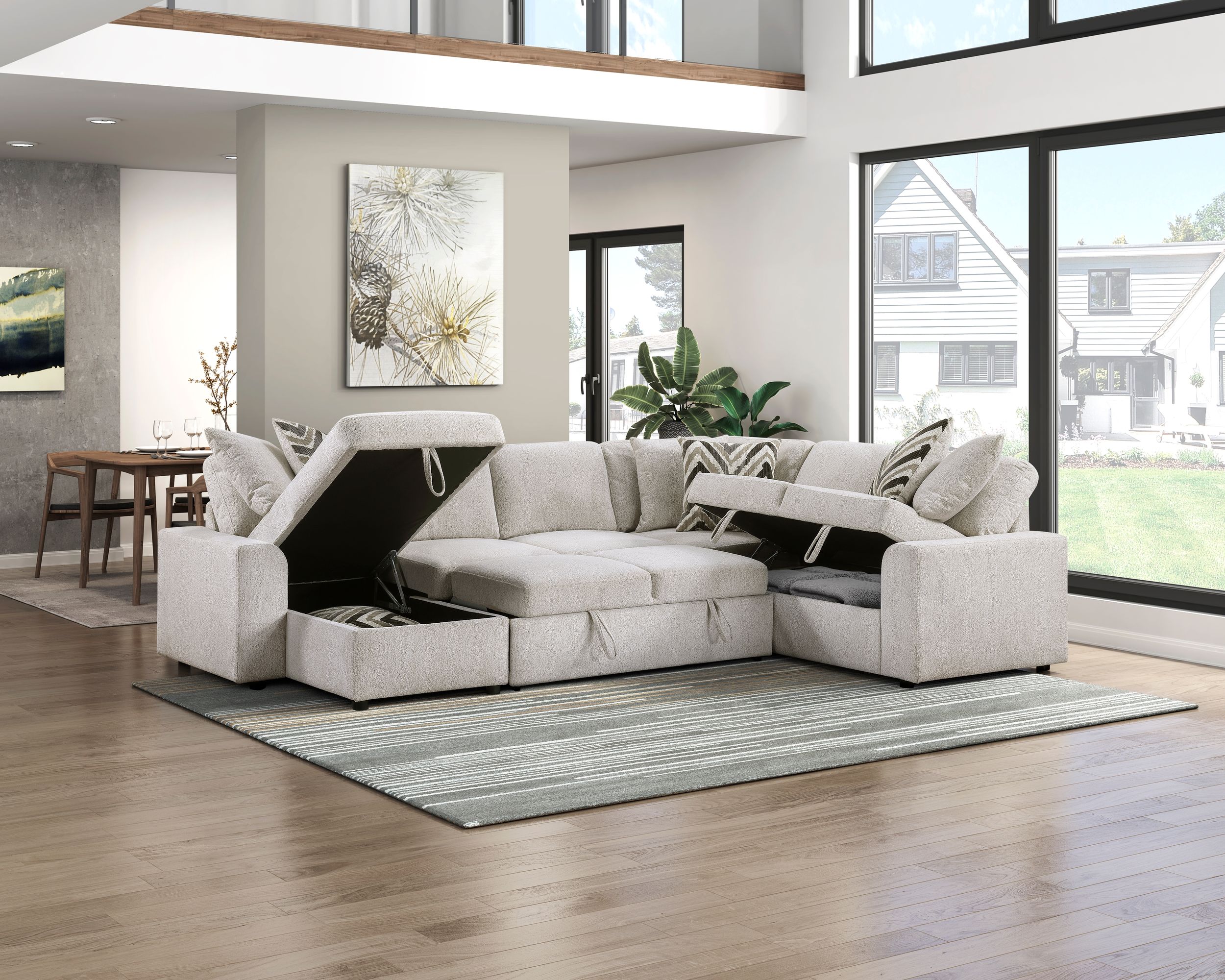 Myrtle U-Shape Chenille 3‑Piece Sectional with Pull‑out Bed & Hidden Storage