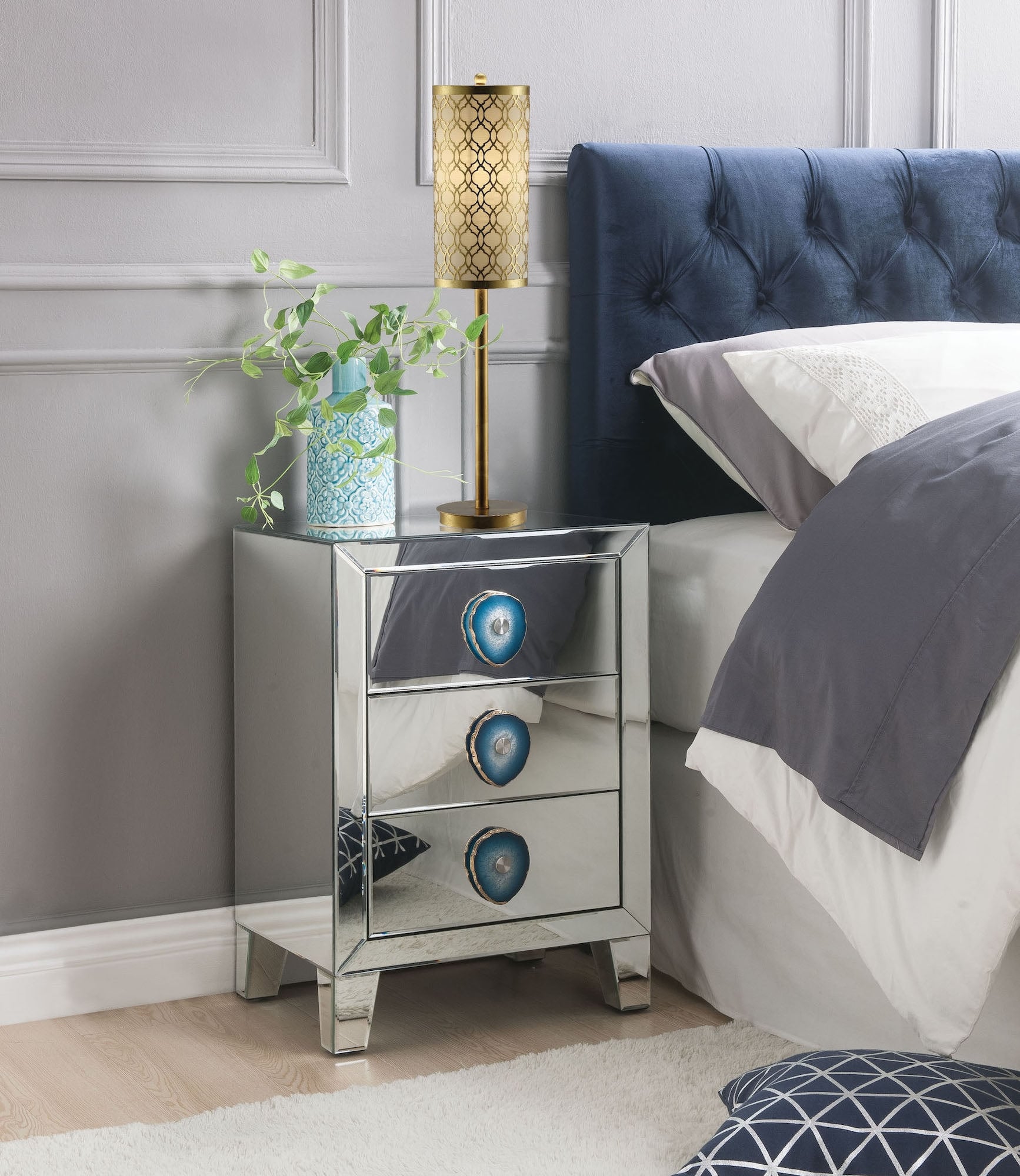 Filip 97030 Mirrored/Faux Agate Stone Knob Accent Table/Nightstand