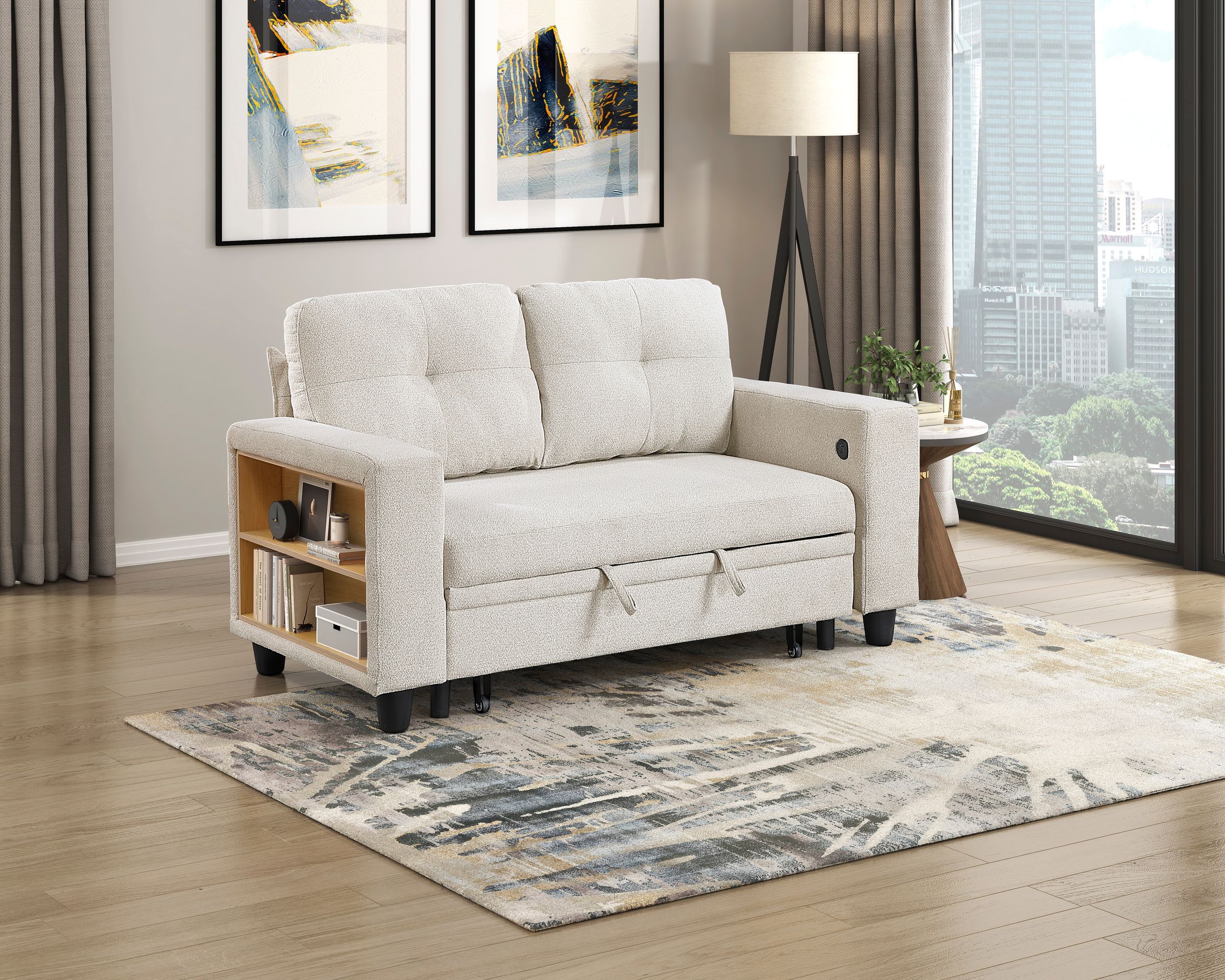 Robinson Boucle Loveseat with Pull‑out Bed, Shelves & Charging Ports