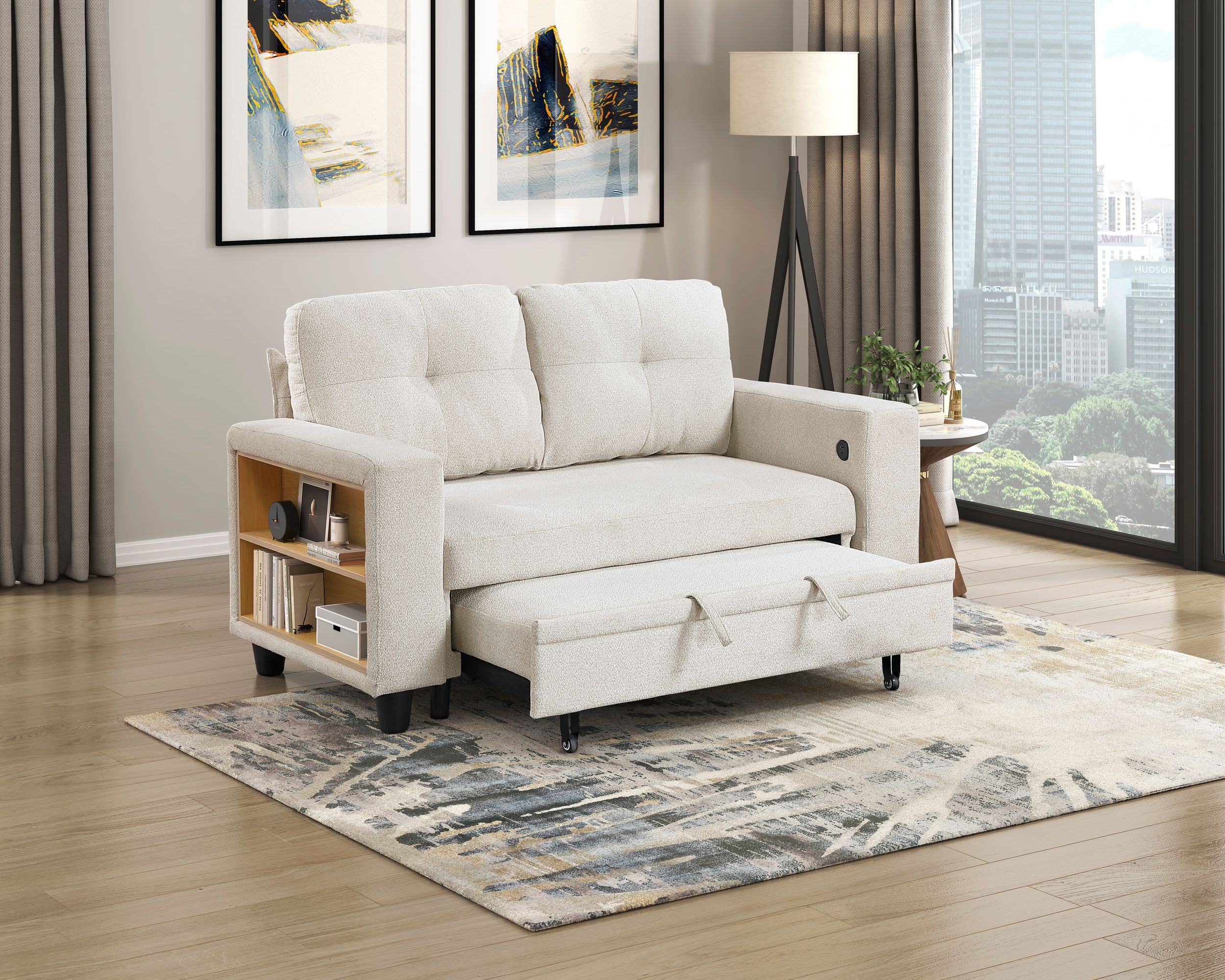 Robinson Boucle Loveseat with Pull‑out Bed, Shelves & Charging Ports