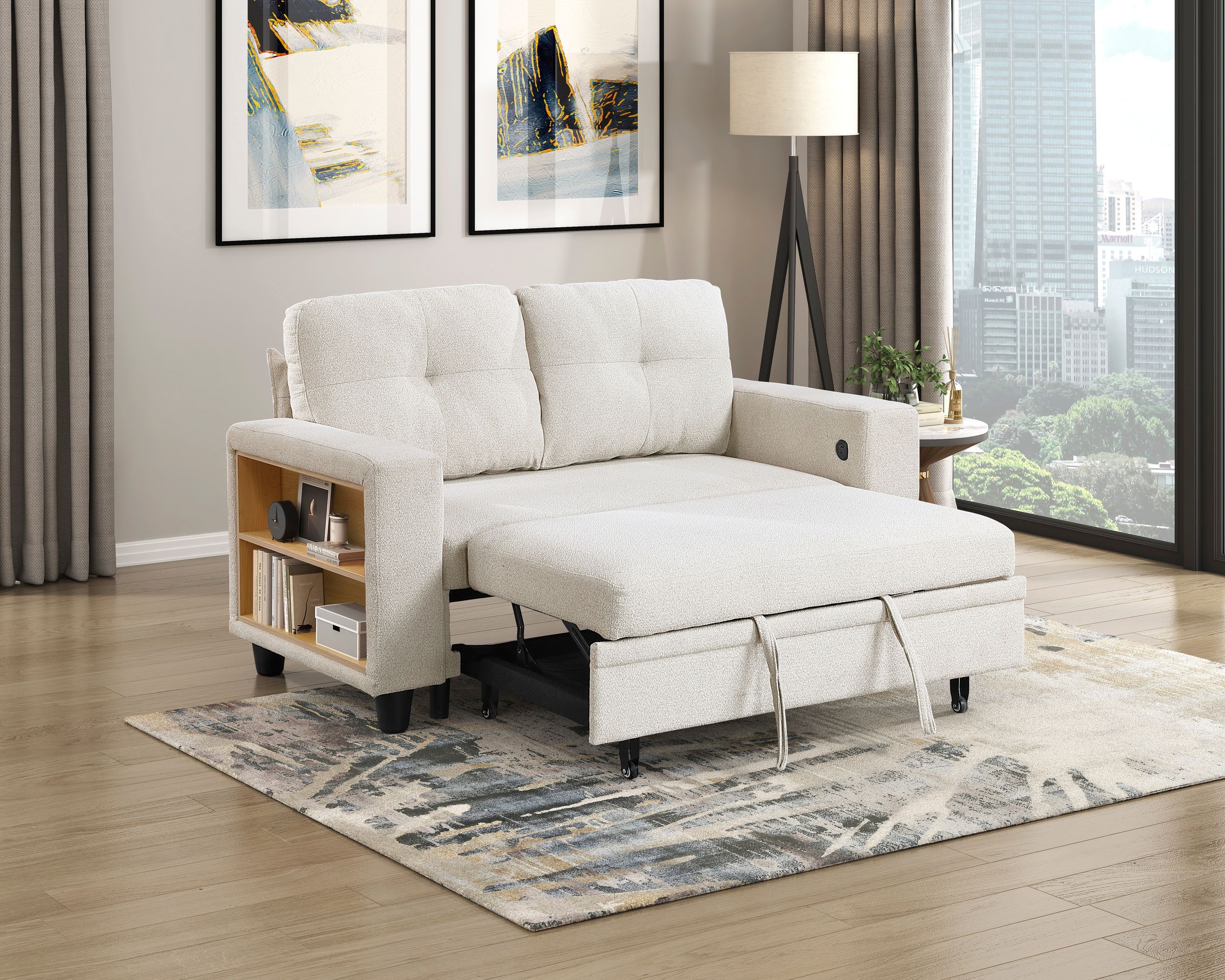 Robinson Boucle Loveseat with Pull‑out Bed, Shelves & Charging Ports