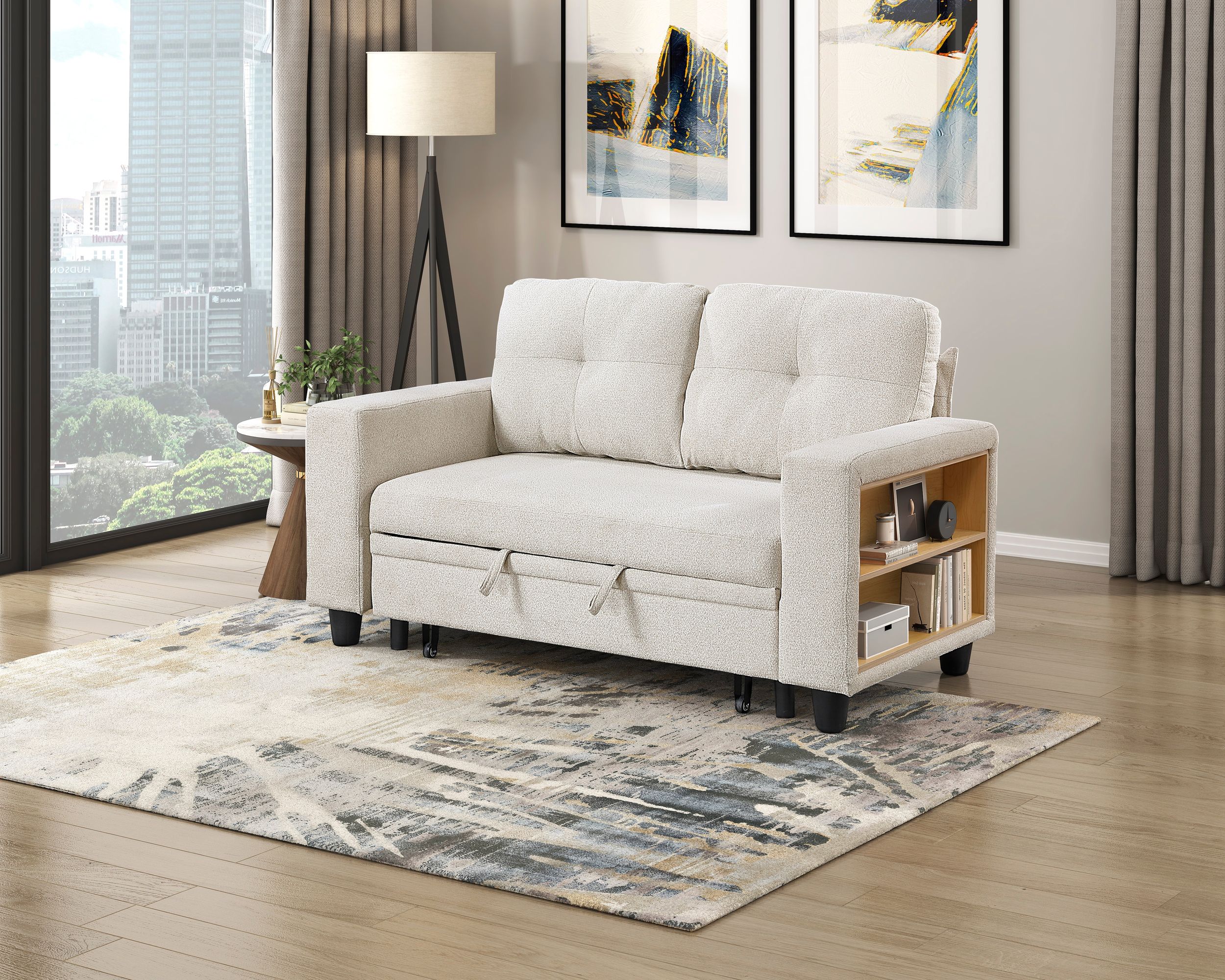 Robinson Boucle Loveseat with Pull‑out Bed, Shelves & Charging Ports