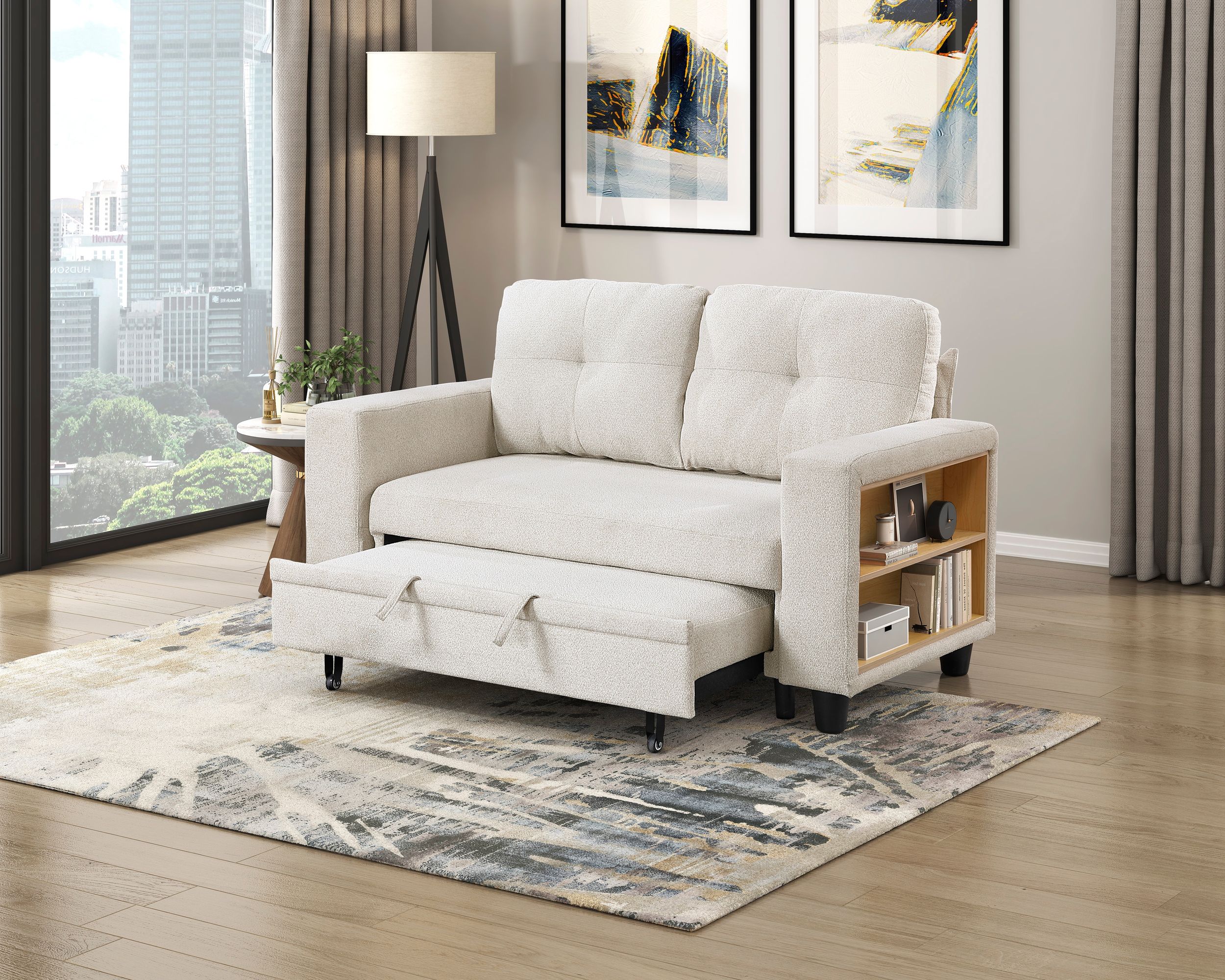 Robinson Boucle Loveseat with Pull‑out Bed, Shelves & Charging Ports