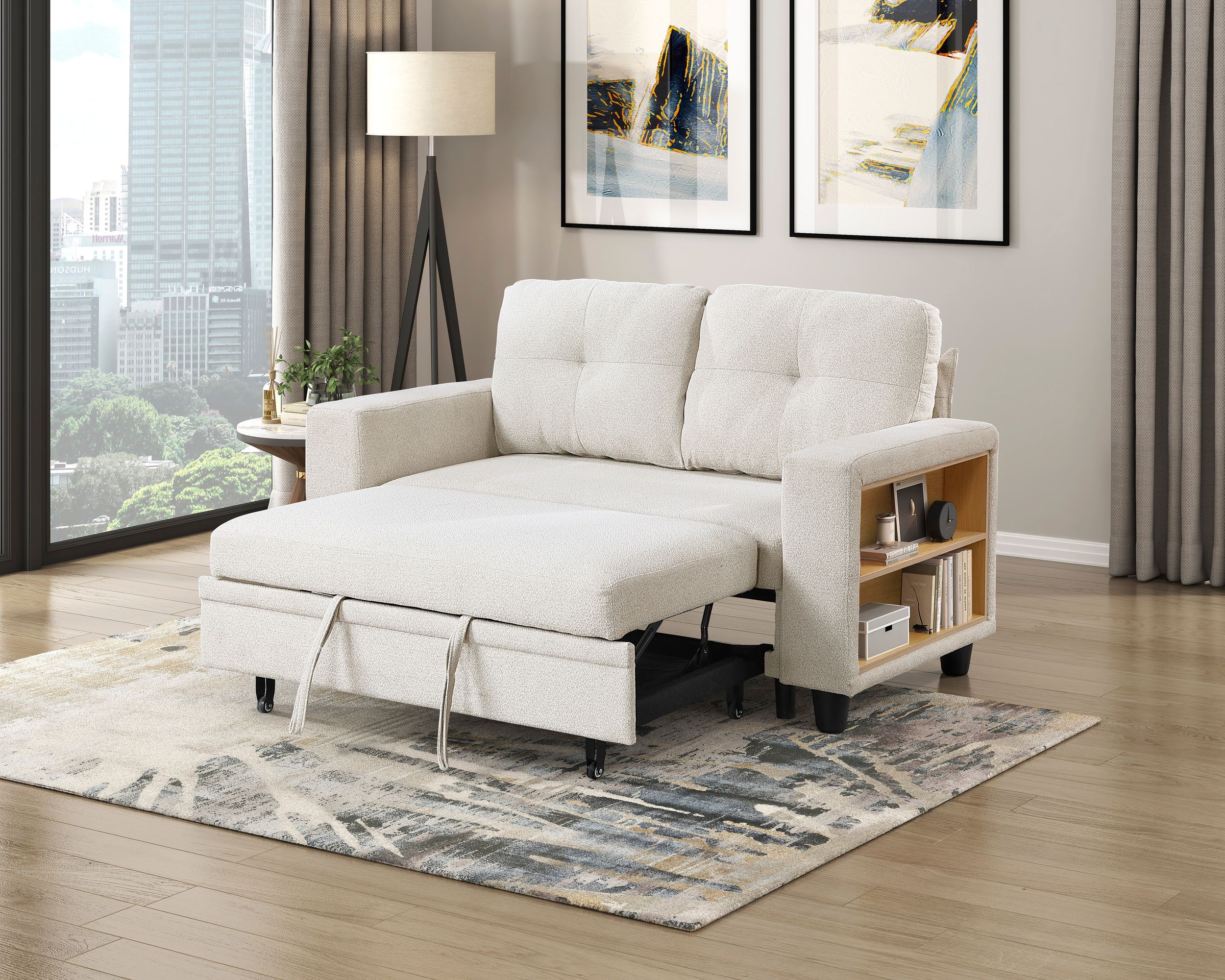 Robinson Boucle Loveseat with Pull‑out Bed, Shelves & Charging Ports