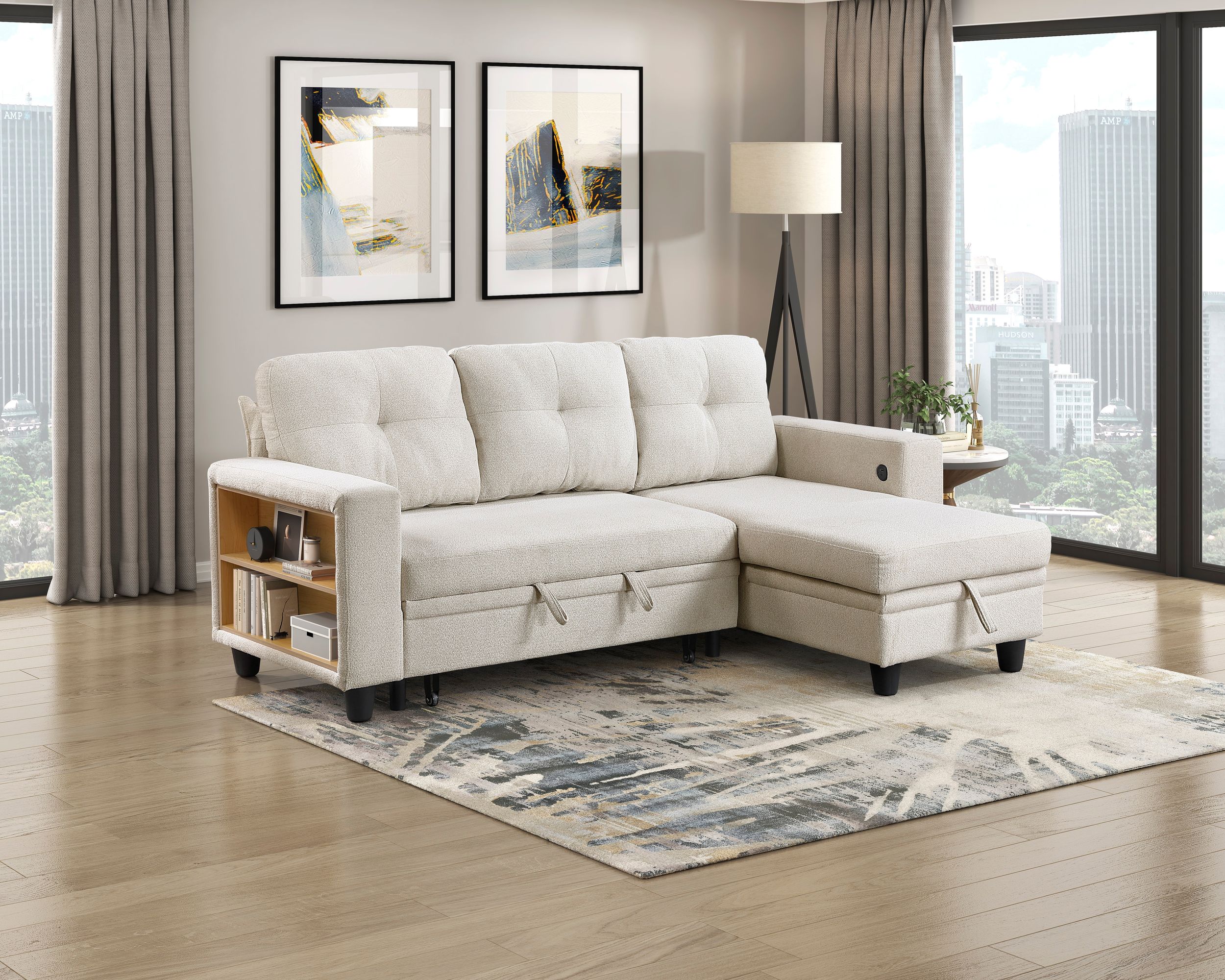 Robinson Boucle Sectional Sofa with Reversible Chaise, Pull‑out Bed, Shelves & Charging Ports