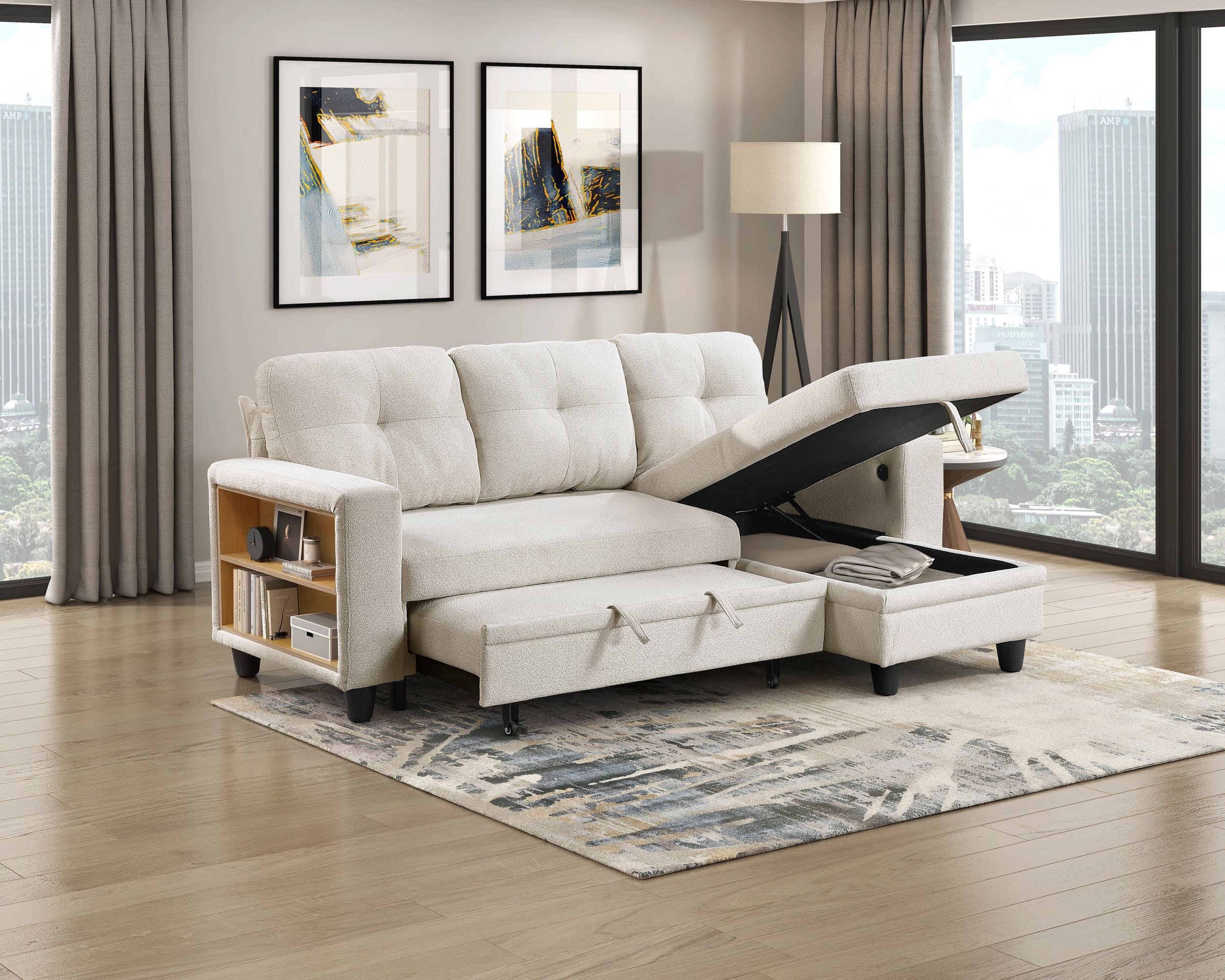 Robinson Boucle Sectional Sofa with Reversible Chaise, Pull‑out Bed, Shelves & Charging Ports