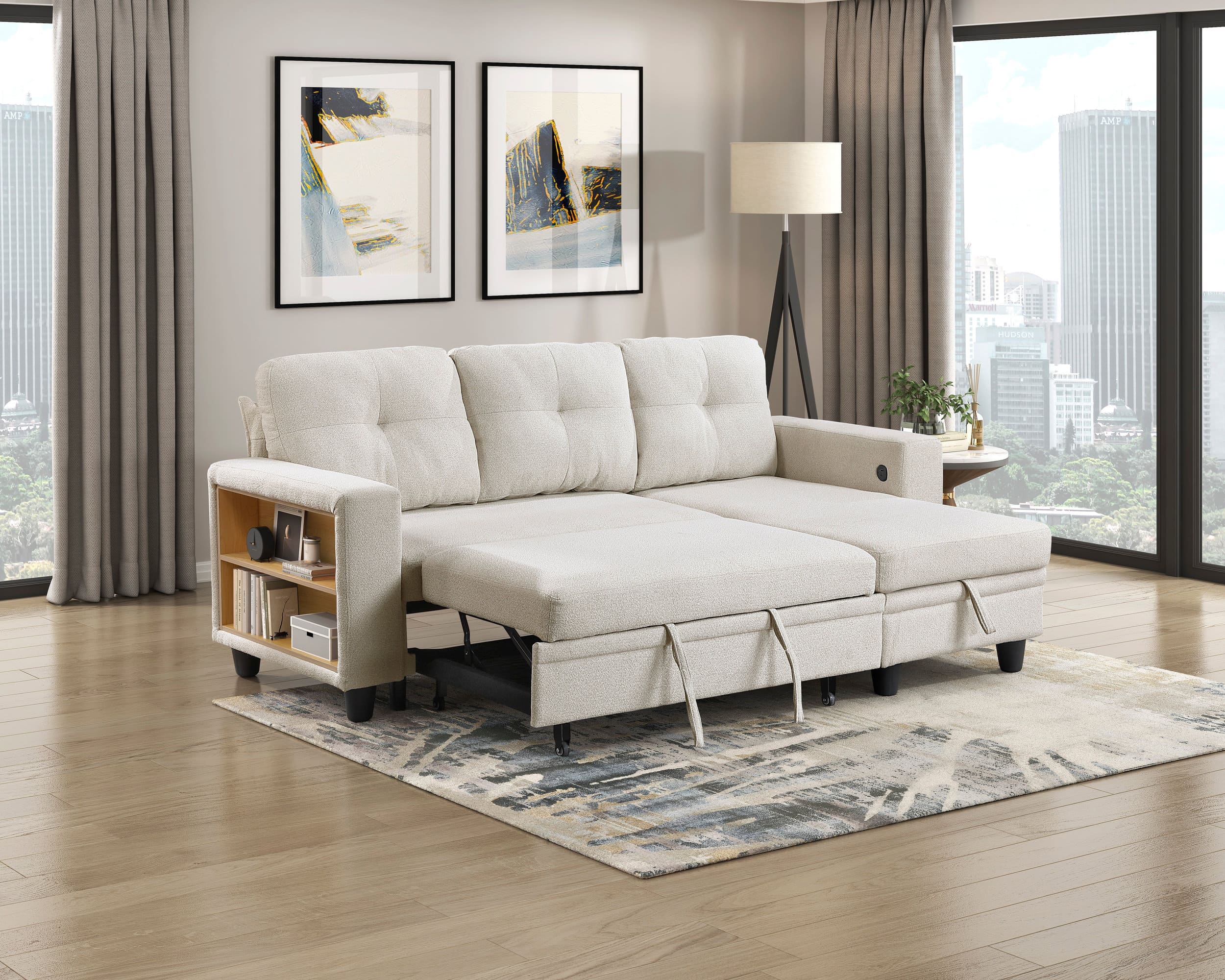 Robinson Boucle Sectional Sofa with Reversible Chaise, Pull‑out Bed, Shelves & Charging Ports