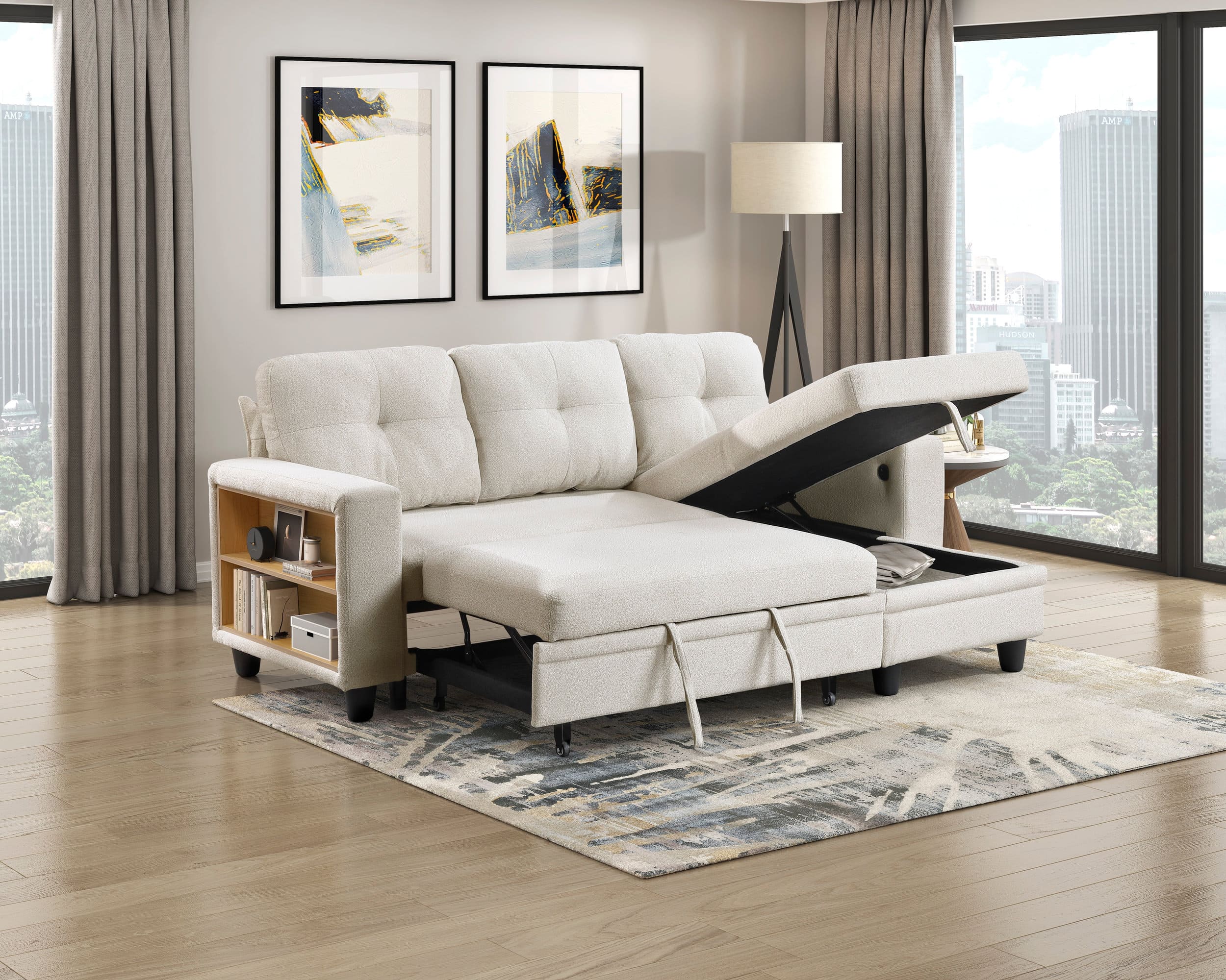 Robinson Boucle Sectional Sofa with Reversible Chaise, Pull‑out Bed, Shelves & Charging Ports