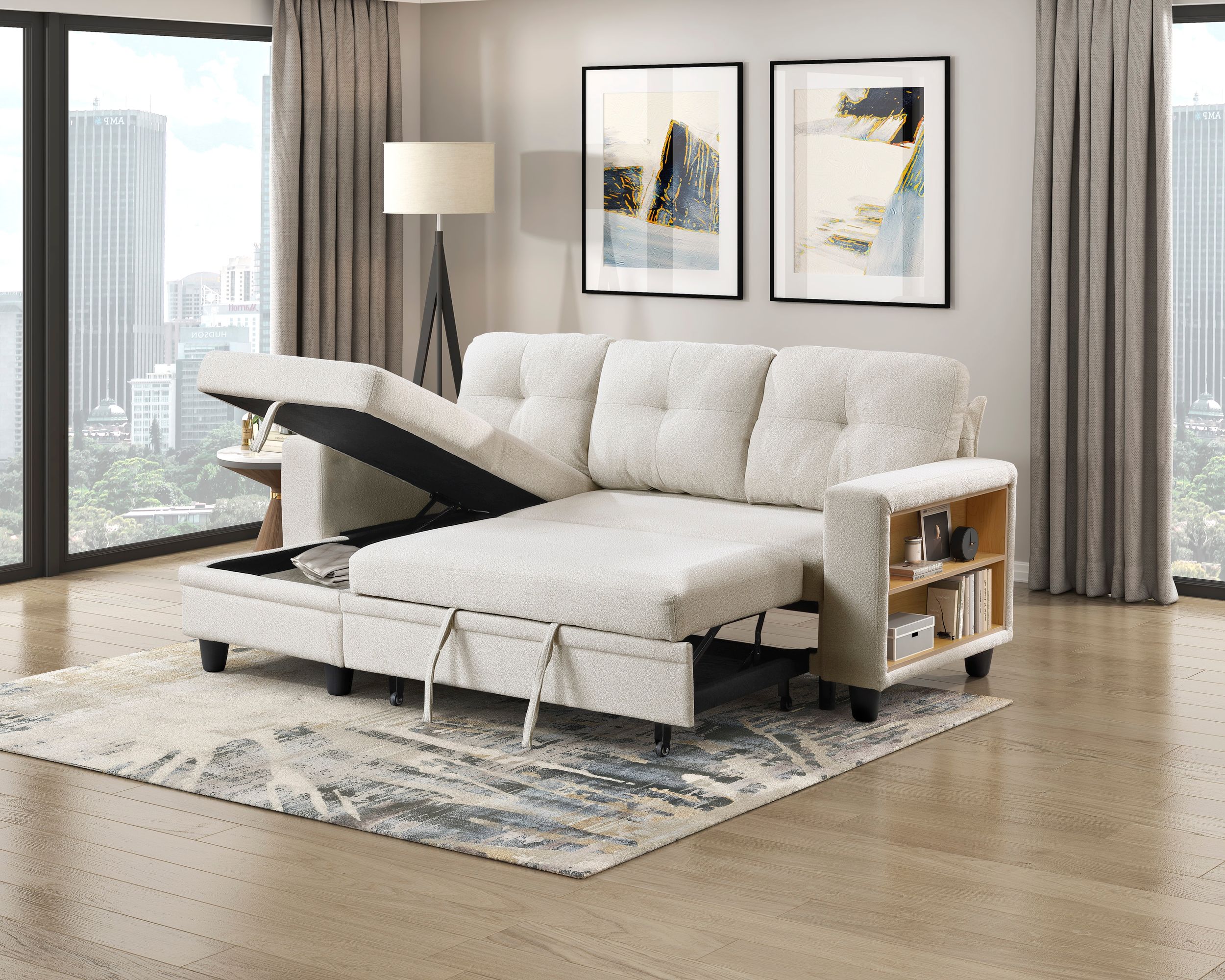Robinson Boucle Sectional Sofa with Reversible Chaise, Pull‑out Bed, Shelves & Charging Ports