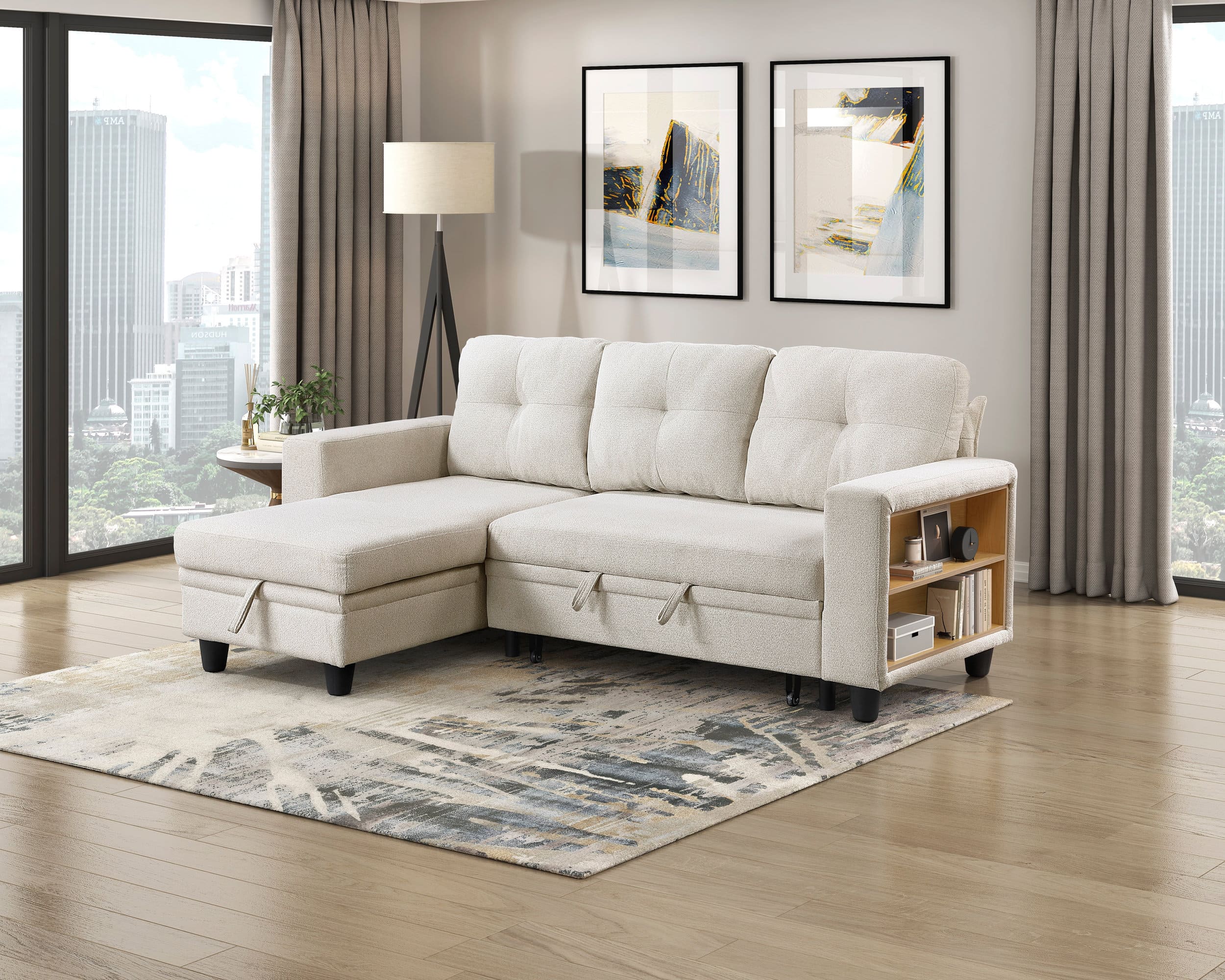Robinson Boucle Sectional Sofa with Reversible Chaise, Pull‑out Bed, Shelves & Charging Ports
