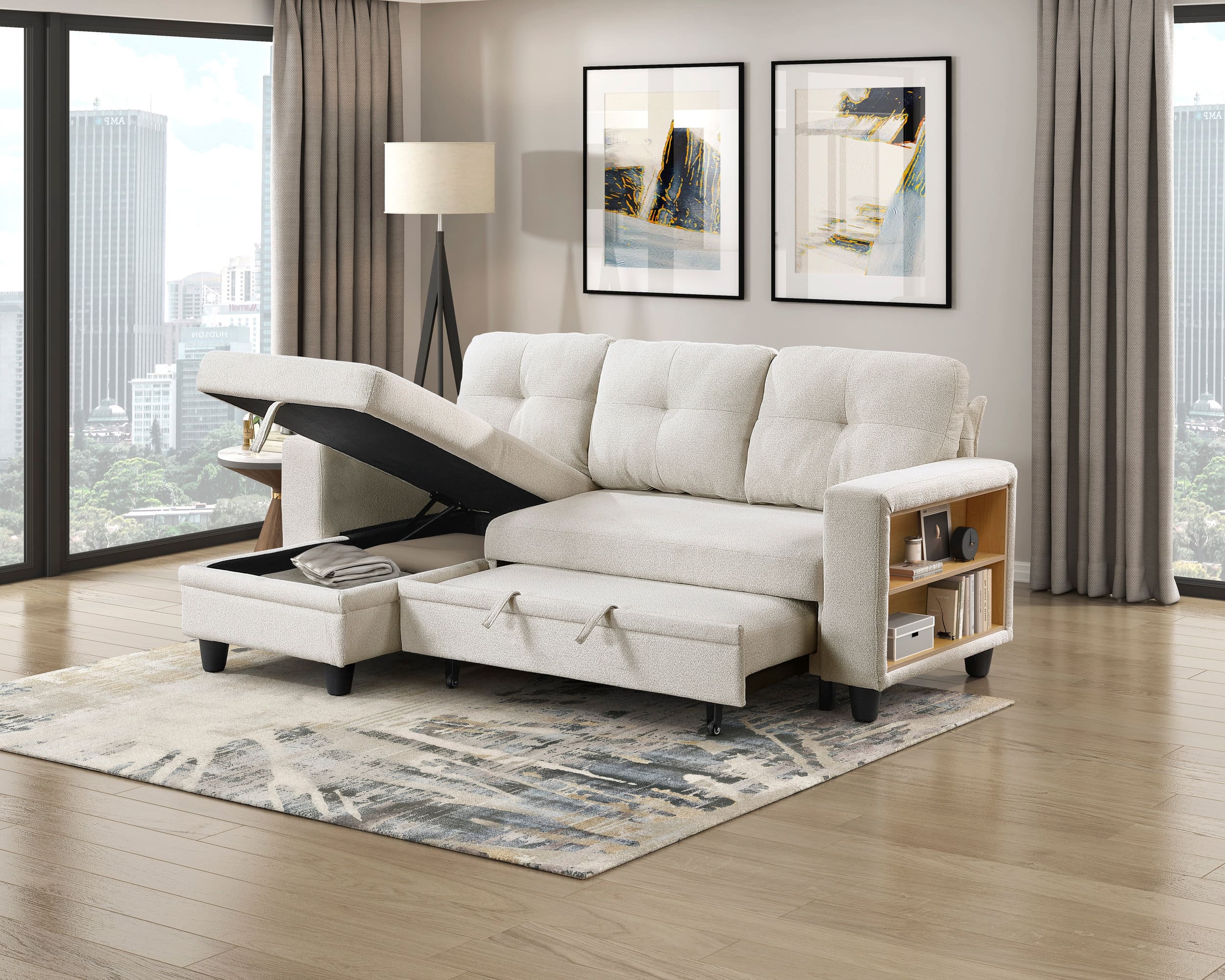 Robinson Boucle Sectional Sofa with Reversible Chaise, Pull‑out Bed, Shelves & Charging Ports