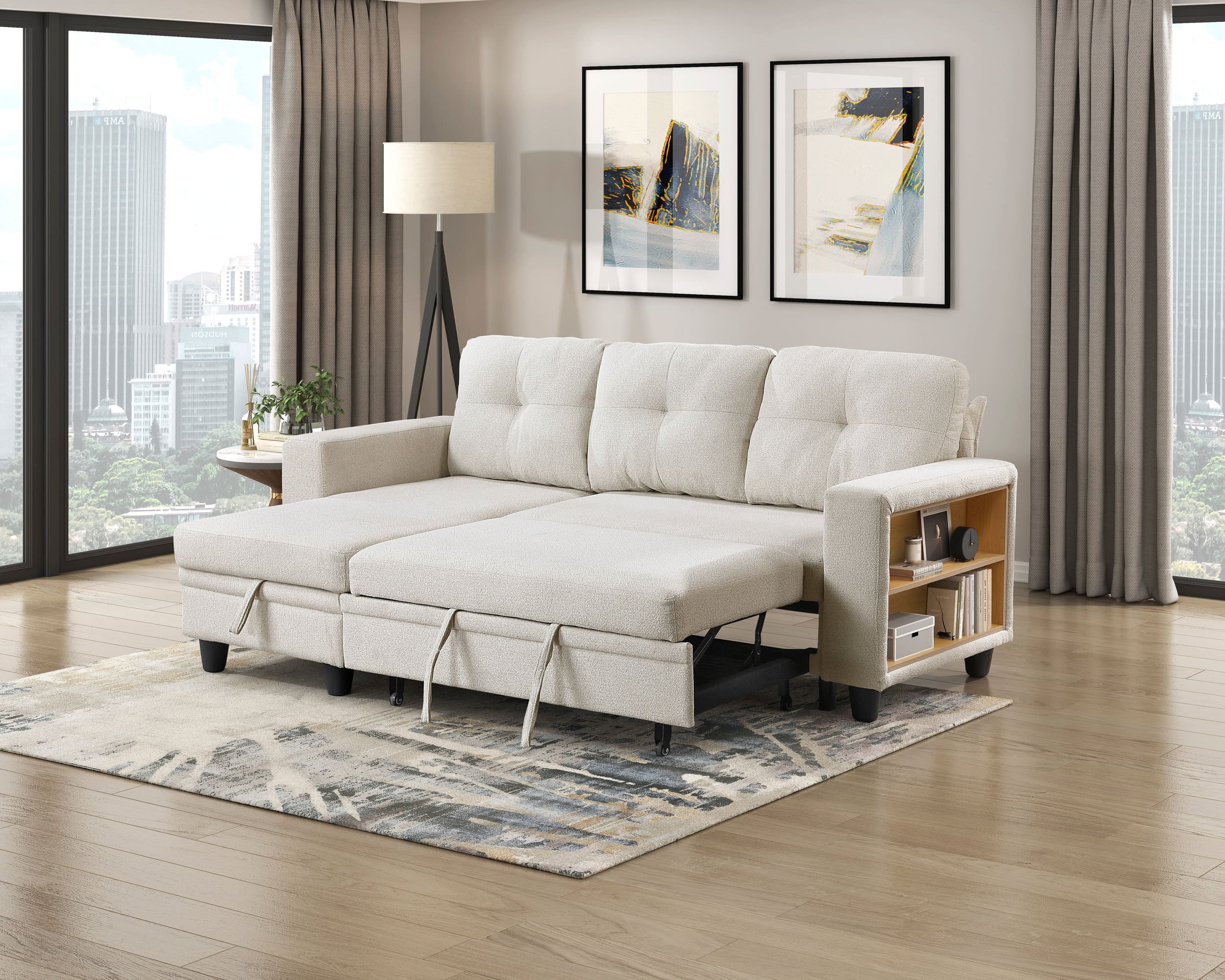 Robinson Boucle Sectional Sofa with Reversible Chaise, Pull‑out Bed, Shelves & Charging Ports