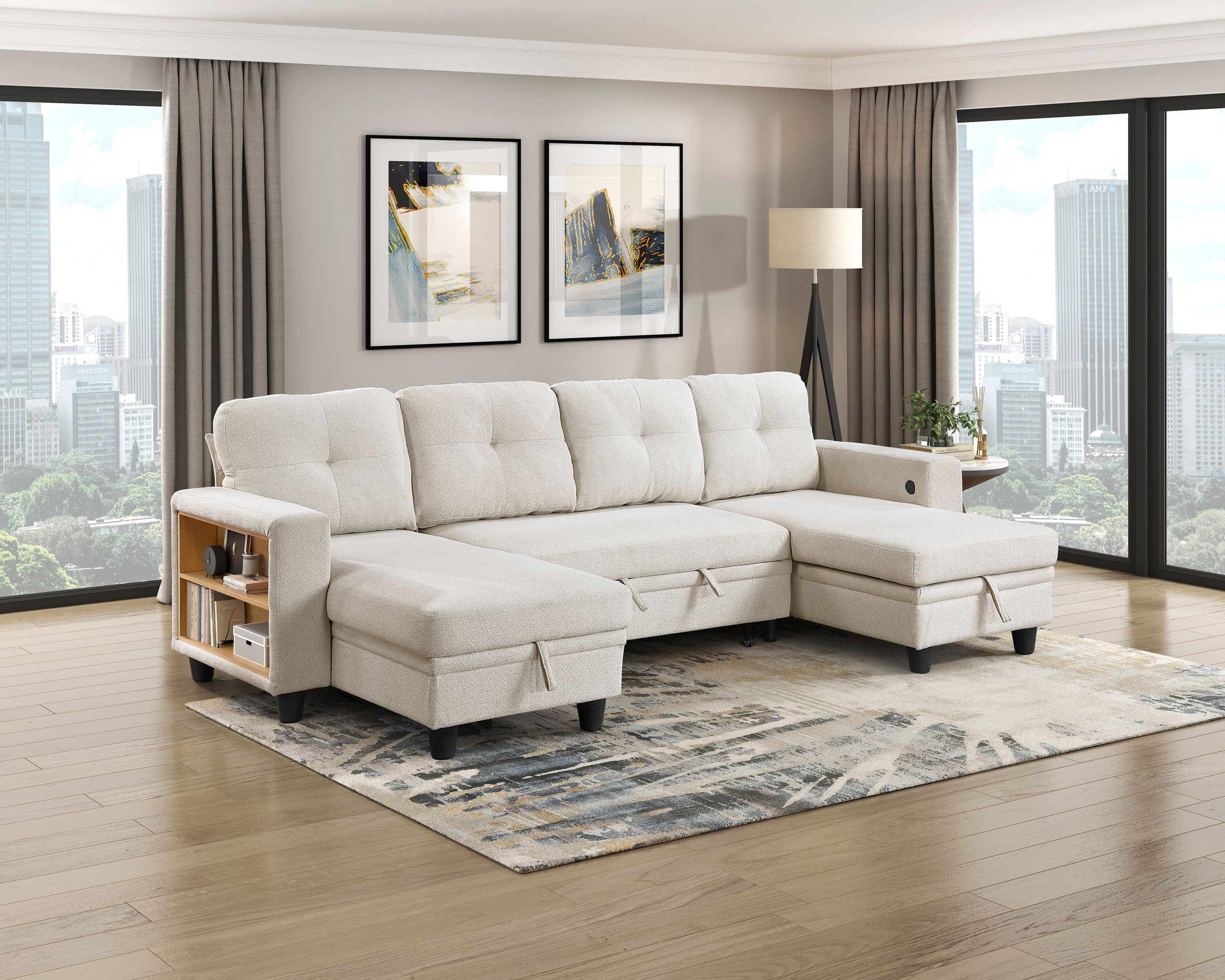 Robinson Boucle Double Chaise Sectional with Pull‑out Bed, Shelves & Charging Ports