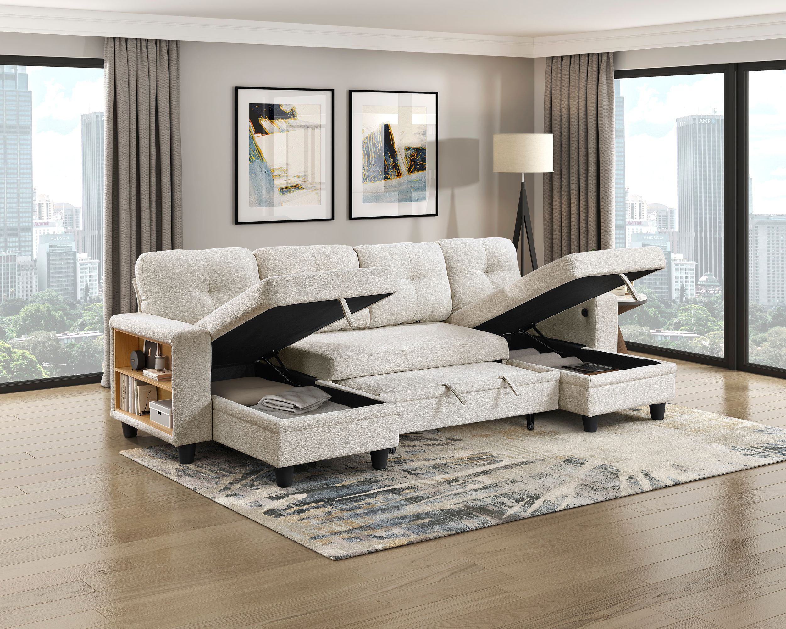 Robinson Boucle Double Chaise Sectional with Pull‑out Bed, Shelves & Charging Ports
