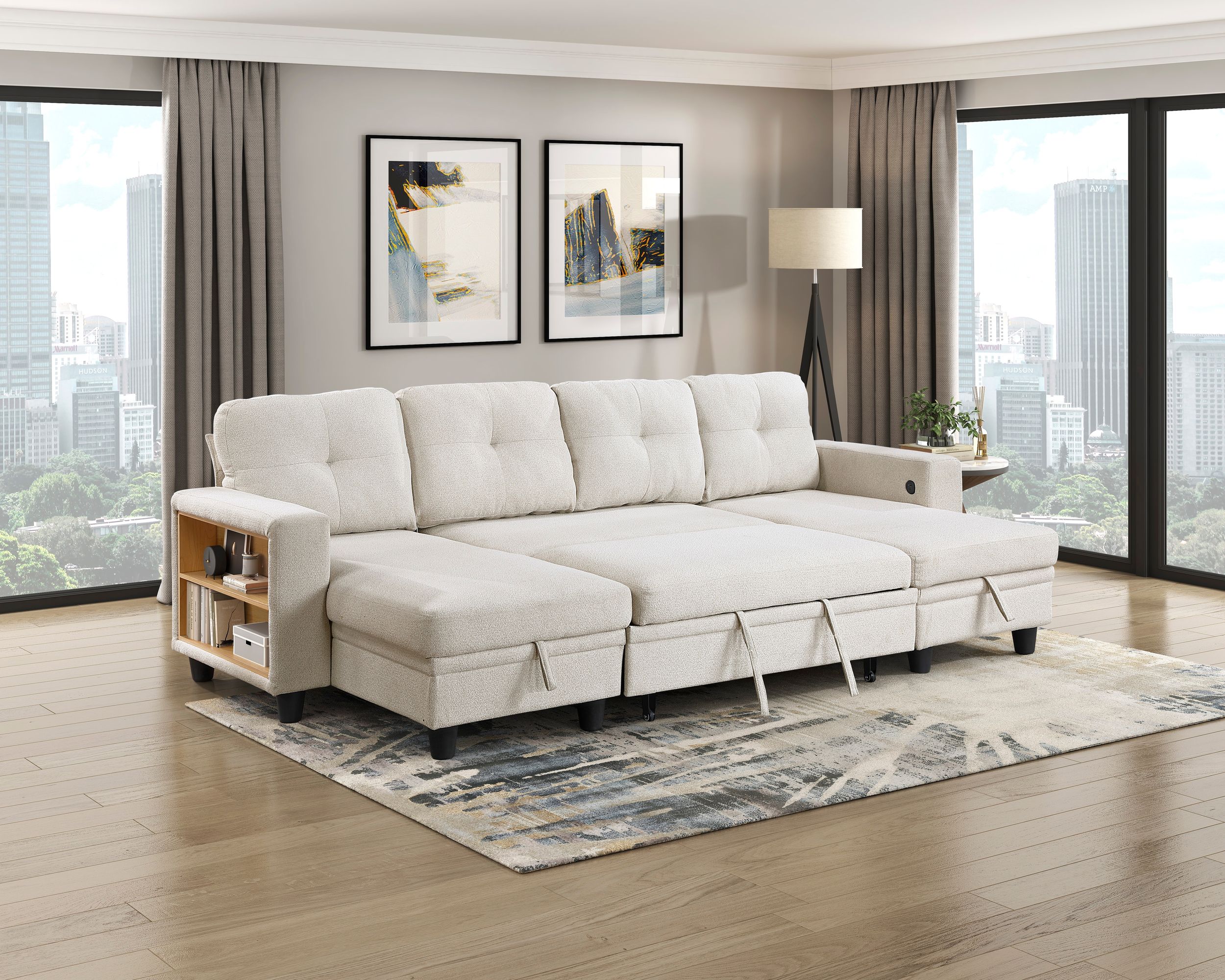 Robinson Boucle Double Chaise Sectional with Pull‑out Bed, Shelves & Charging Ports