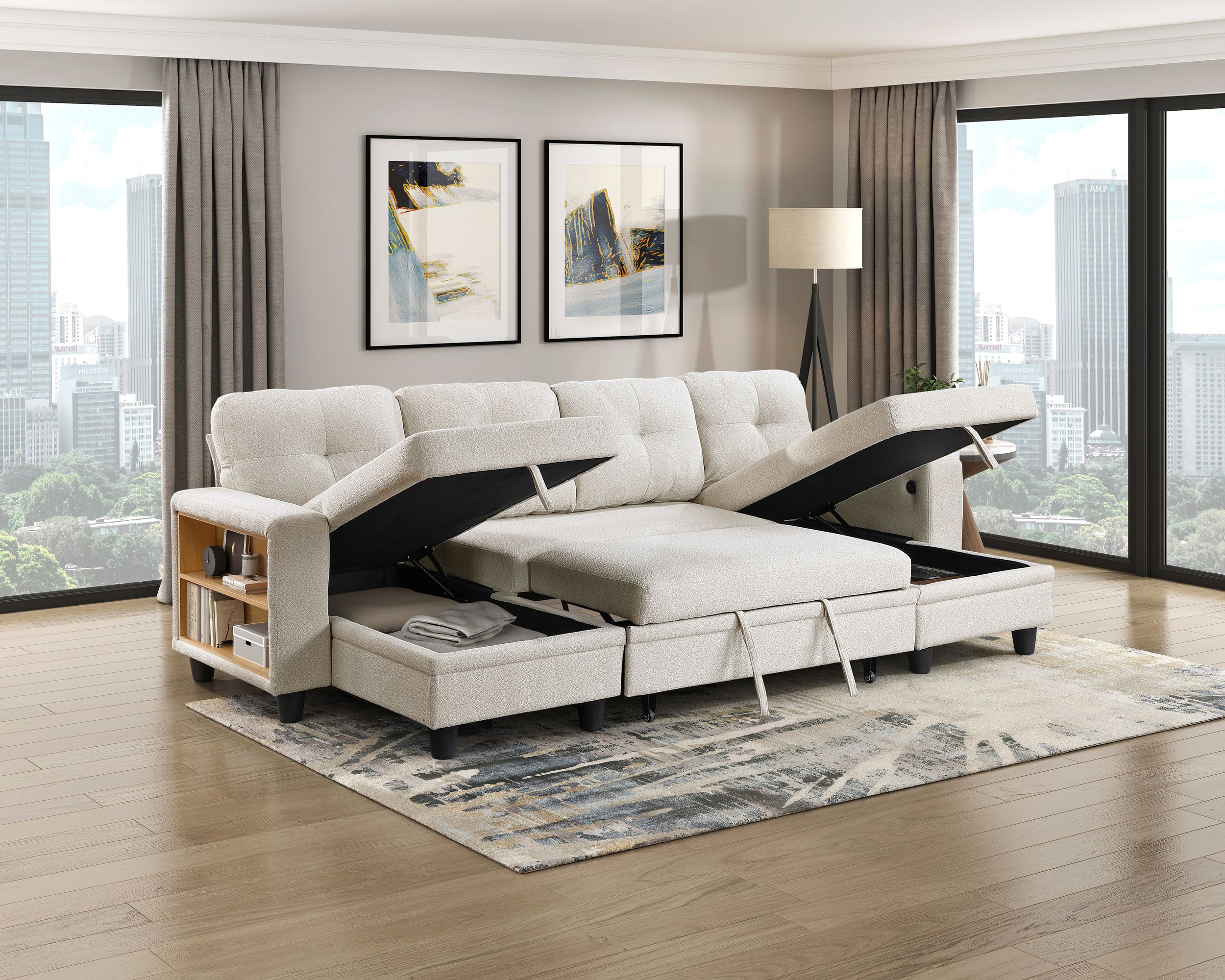 Robinson Boucle Double Chaise Sectional with Pull‑out Bed, Shelves & Charging Ports