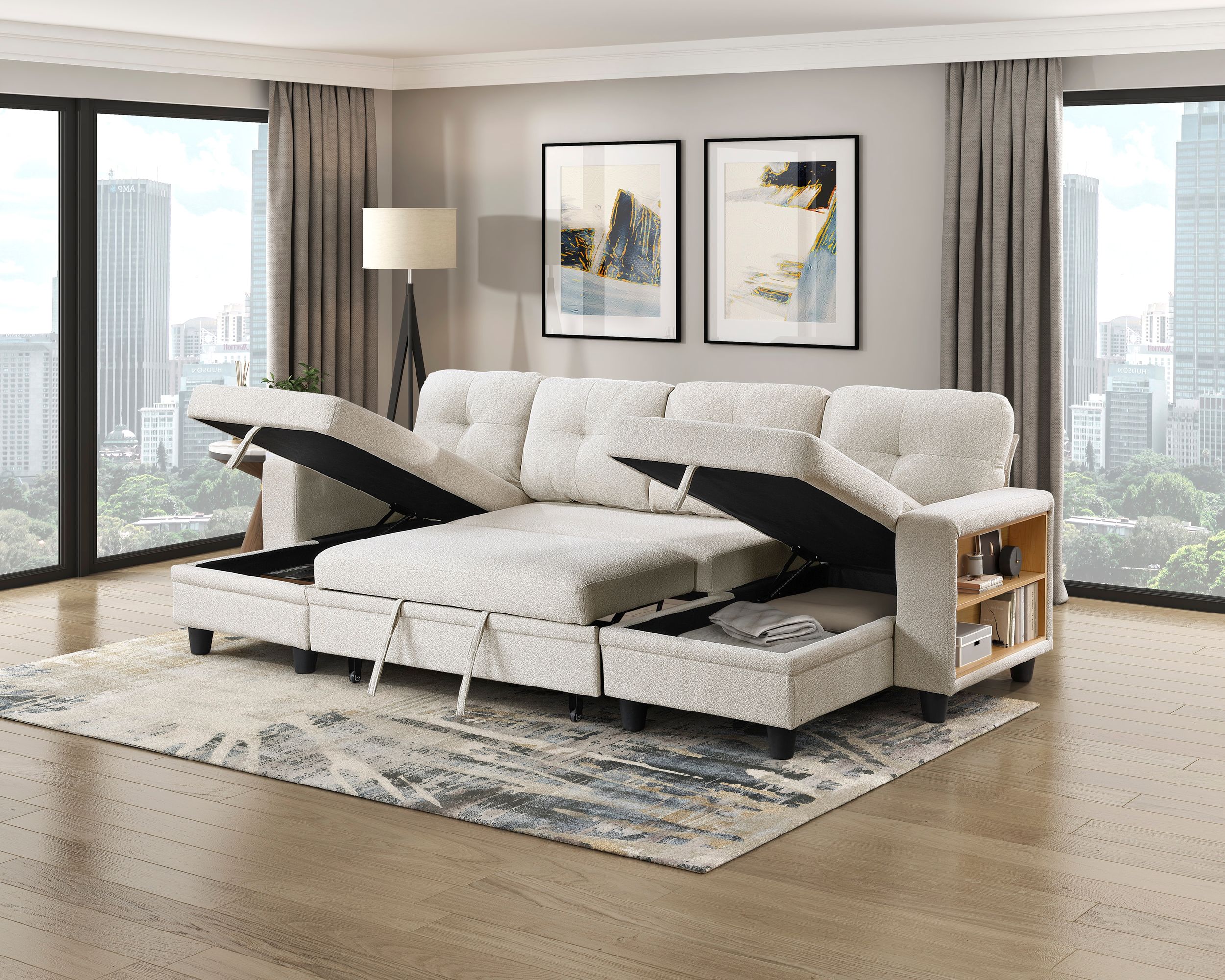 Robinson Boucle Double Chaise Sectional with Pull‑out Bed, Shelves & Charging Ports