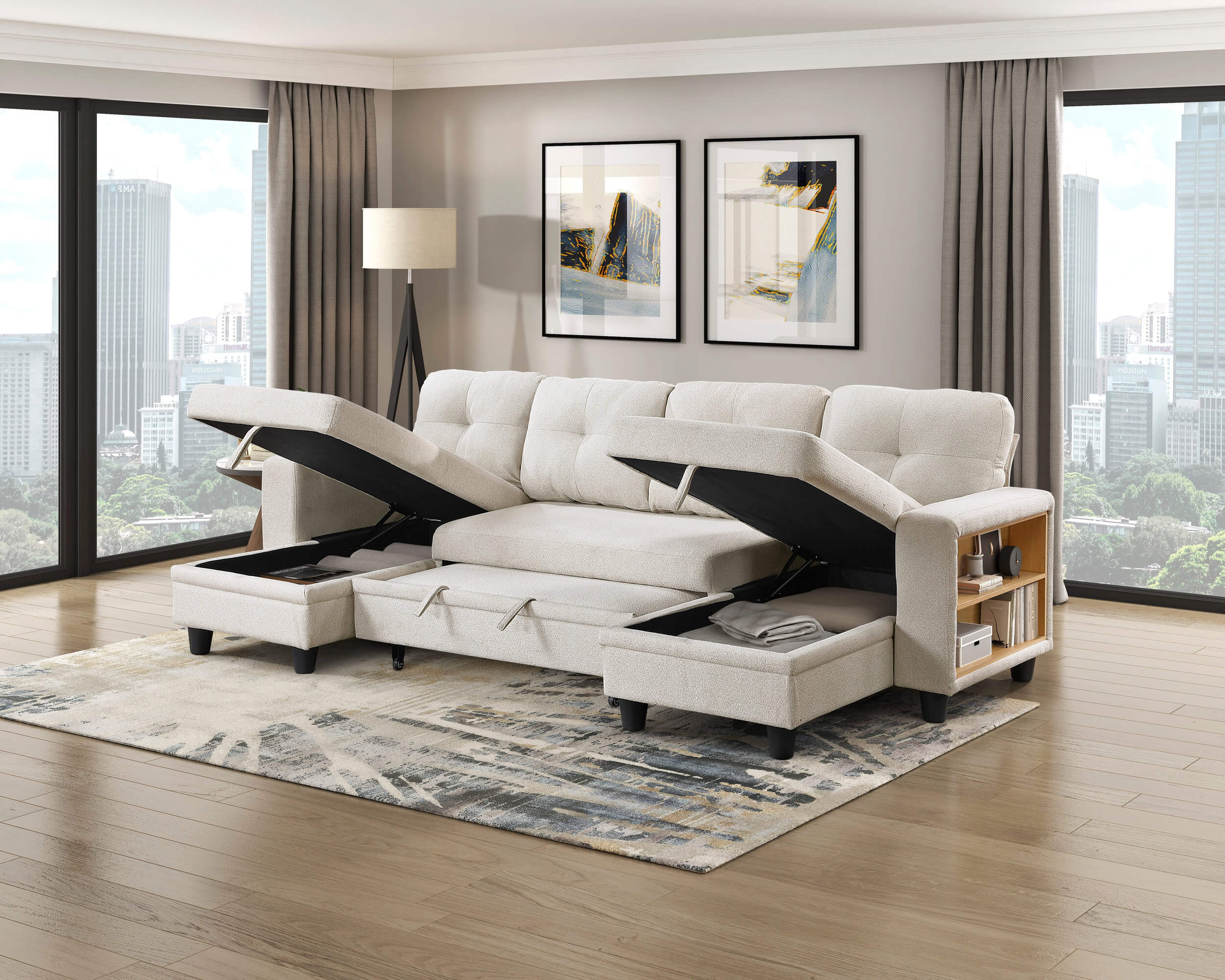 Robinson Boucle Double Chaise Sectional with Pull‑out Bed, Shelves & Charging Ports