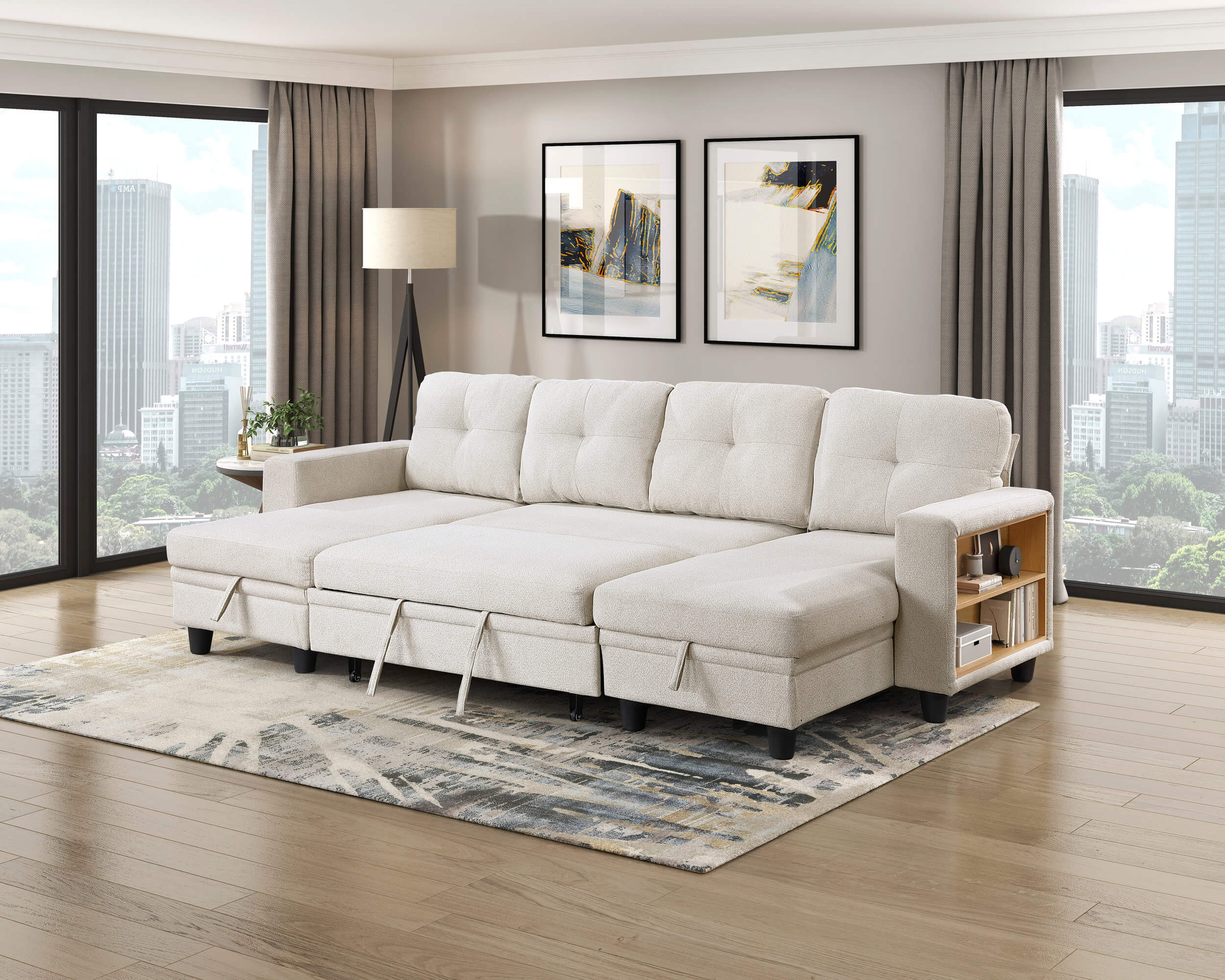 Robinson Boucle Double Chaise Sectional with Pull‑out Bed, Shelves & Charging Ports