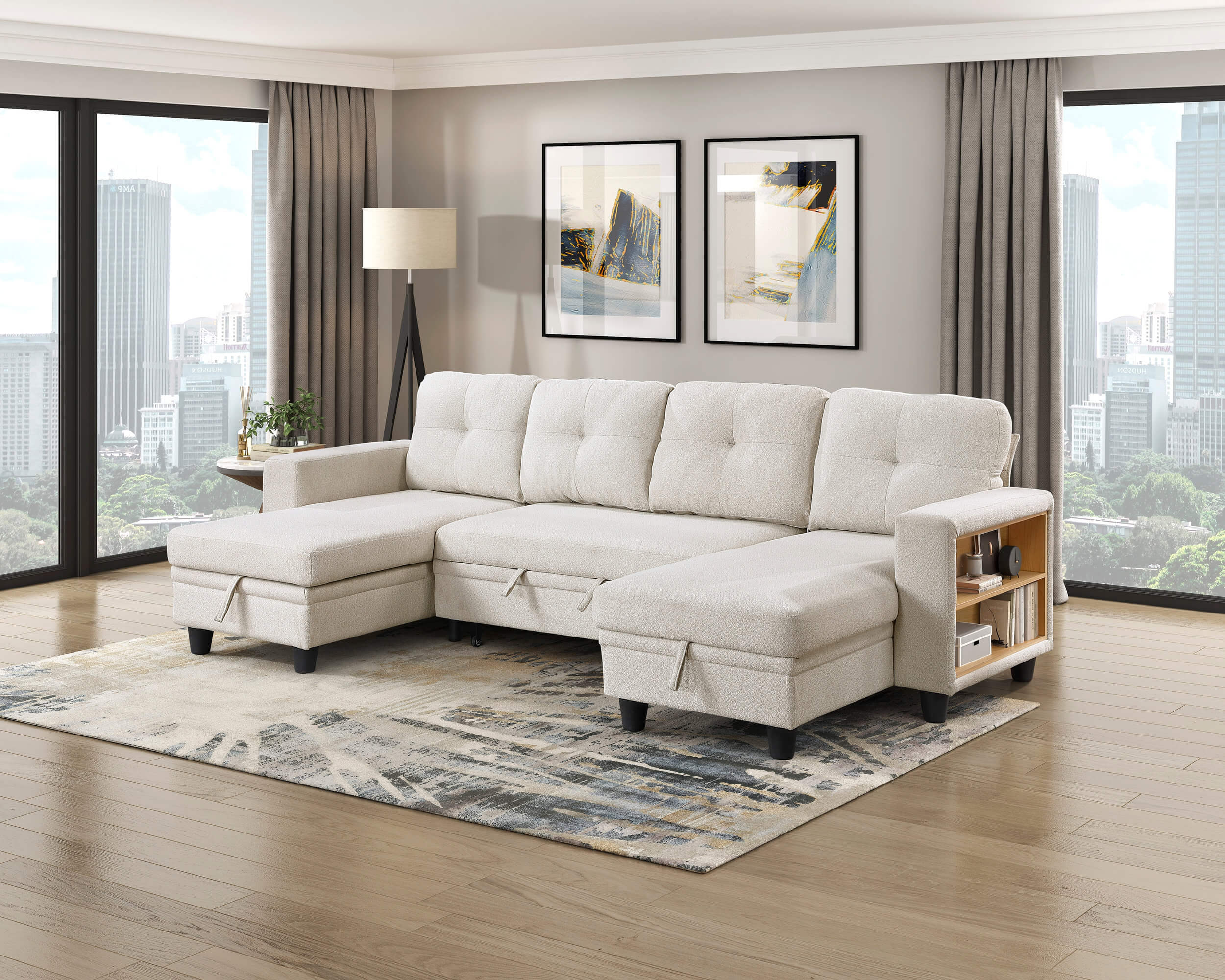 Robinson Boucle Double Chaise Sectional with Pull‑out Bed, Shelves & Charging Ports