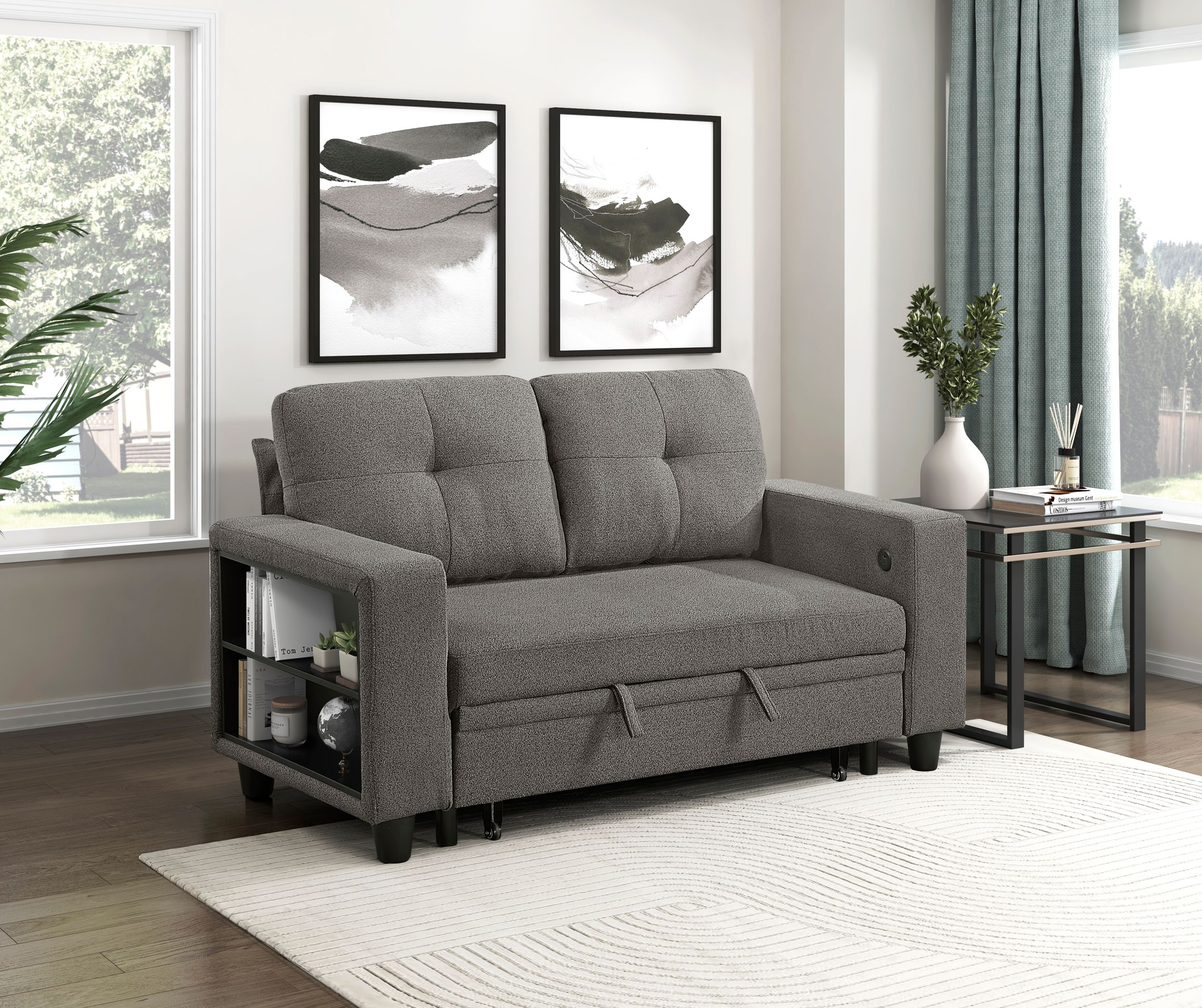 Robinson Boucle Loveseat with Pull‑out Bed, Shelves & Charging Ports