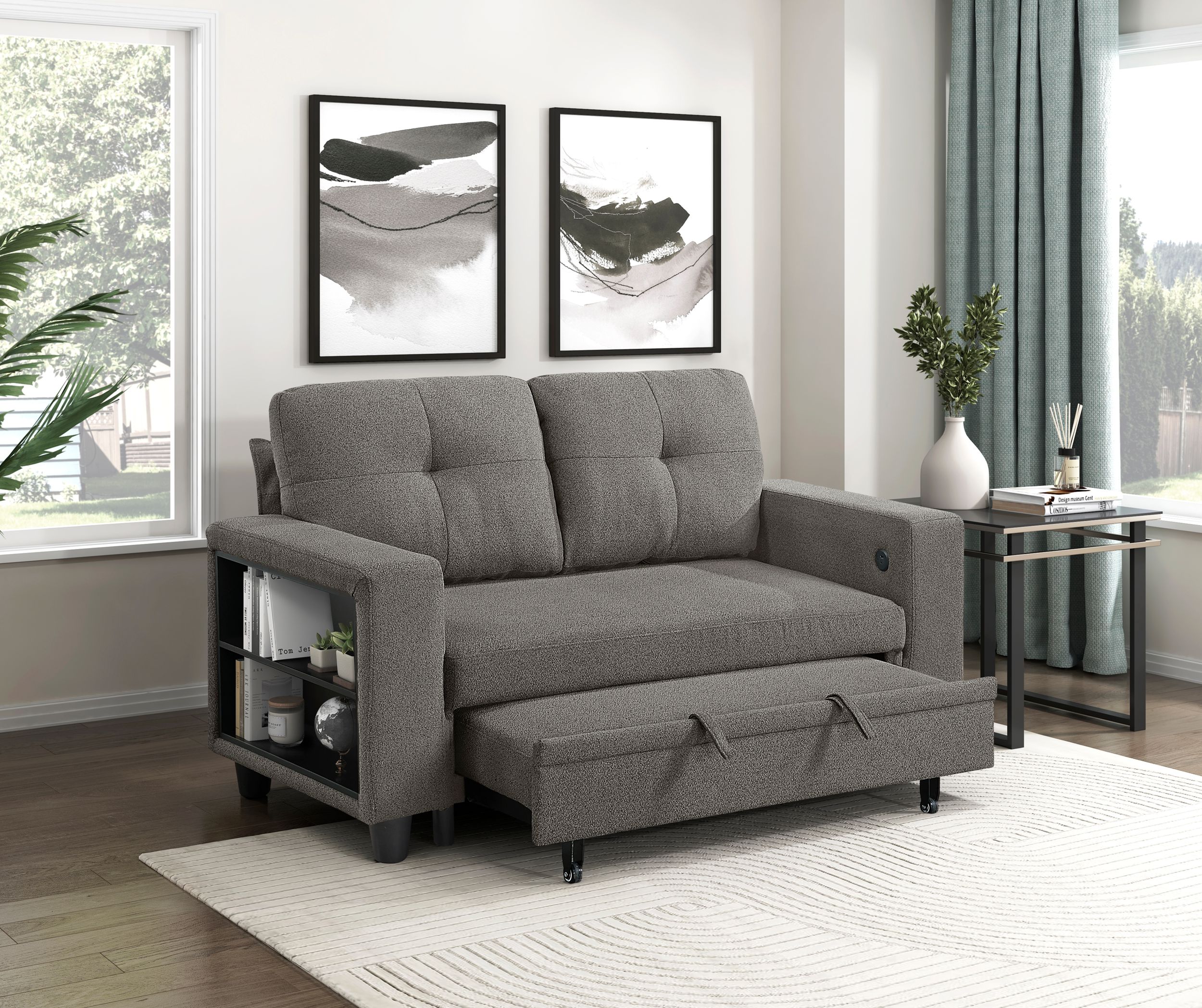 Robinson Boucle Loveseat with Pull‑out Bed, Shelves & Charging Ports