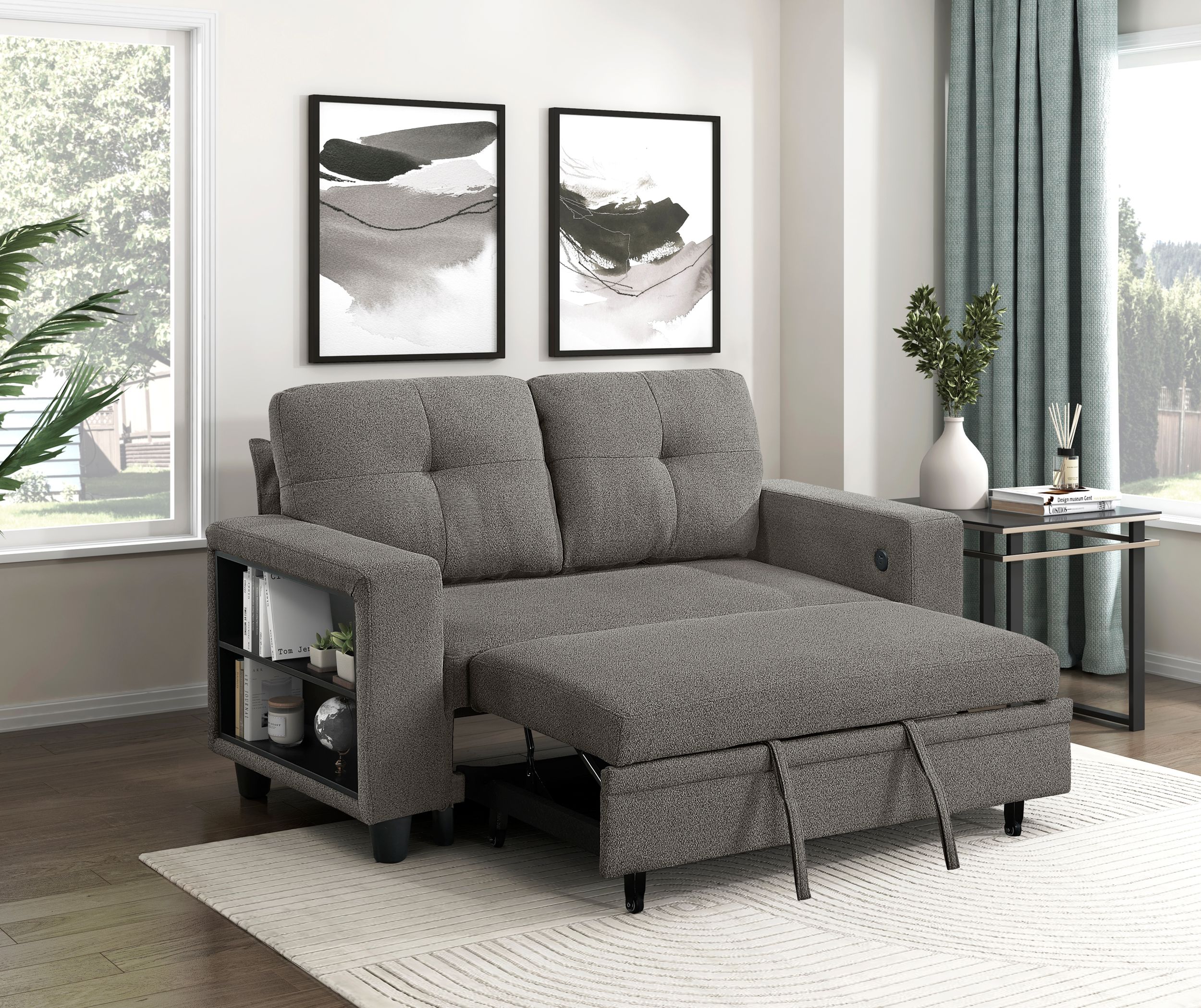 Robinson Boucle Loveseat with Pull‑out Bed, Shelves & Charging Ports
