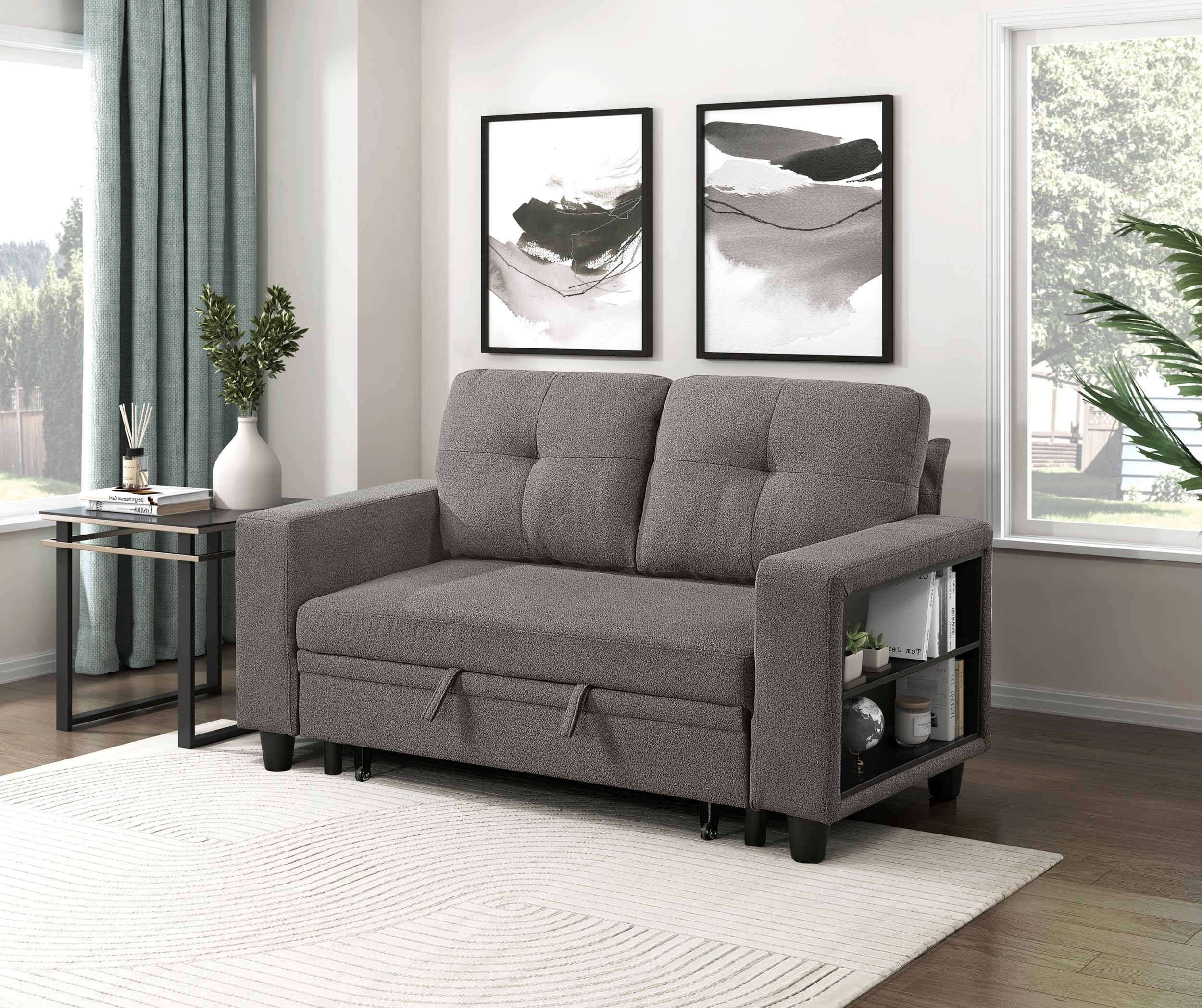 Robinson Boucle Loveseat with Pull‑out Bed, Shelves & Charging Ports