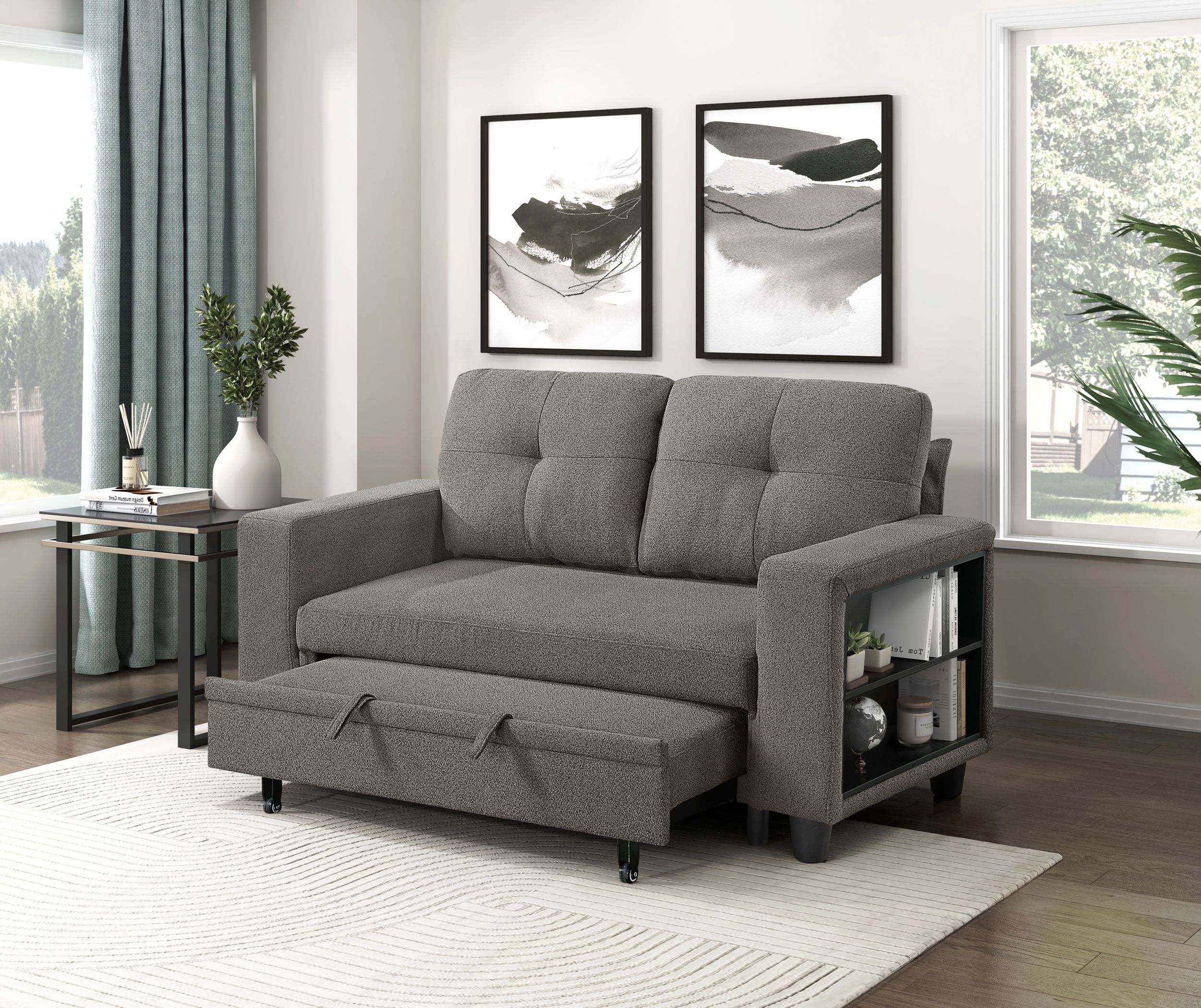 Robinson Boucle Loveseat with Pull‑out Bed, Shelves & Charging Ports