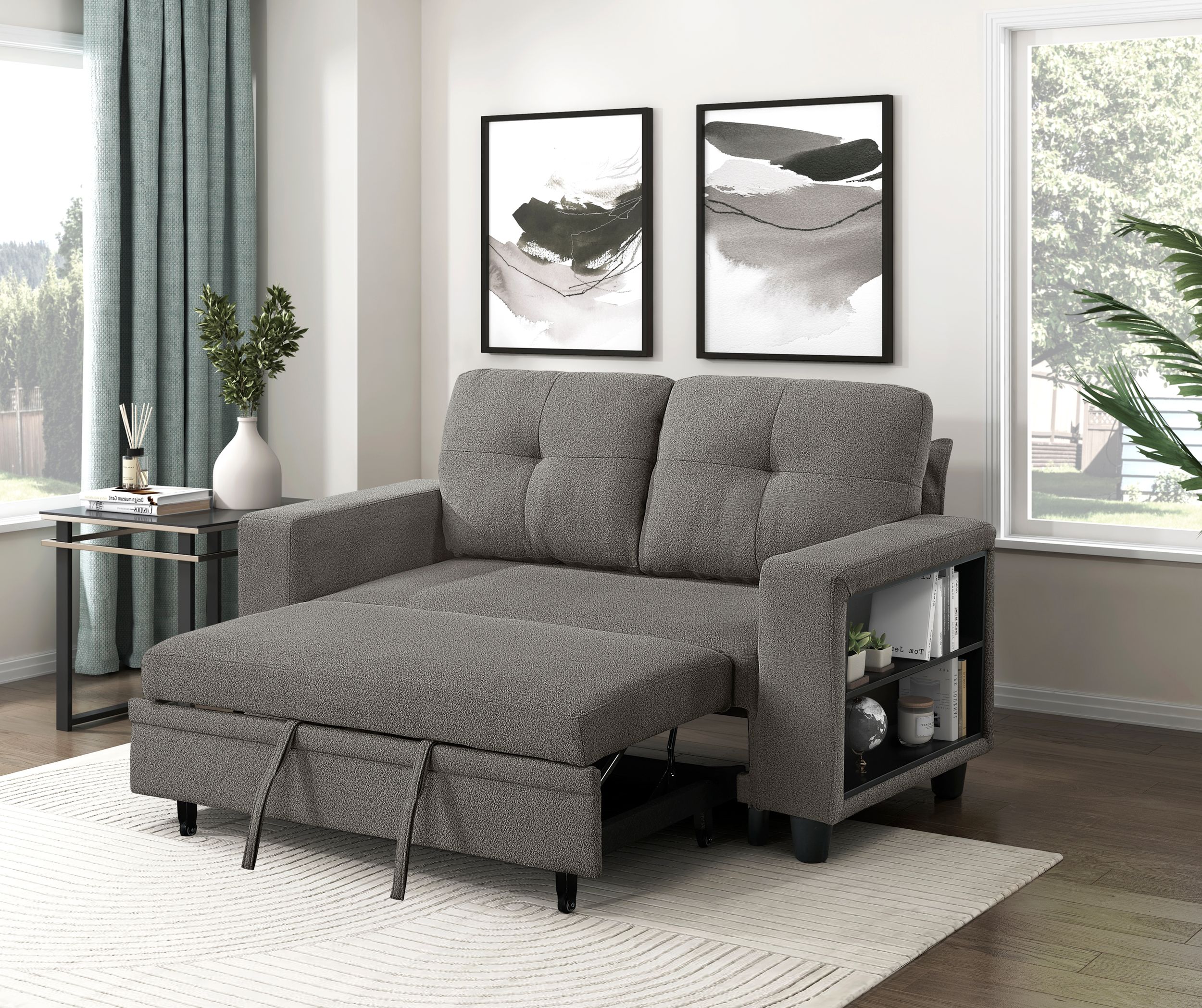 Robinson Boucle Loveseat with Pull‑out Bed, Shelves & Charging Ports