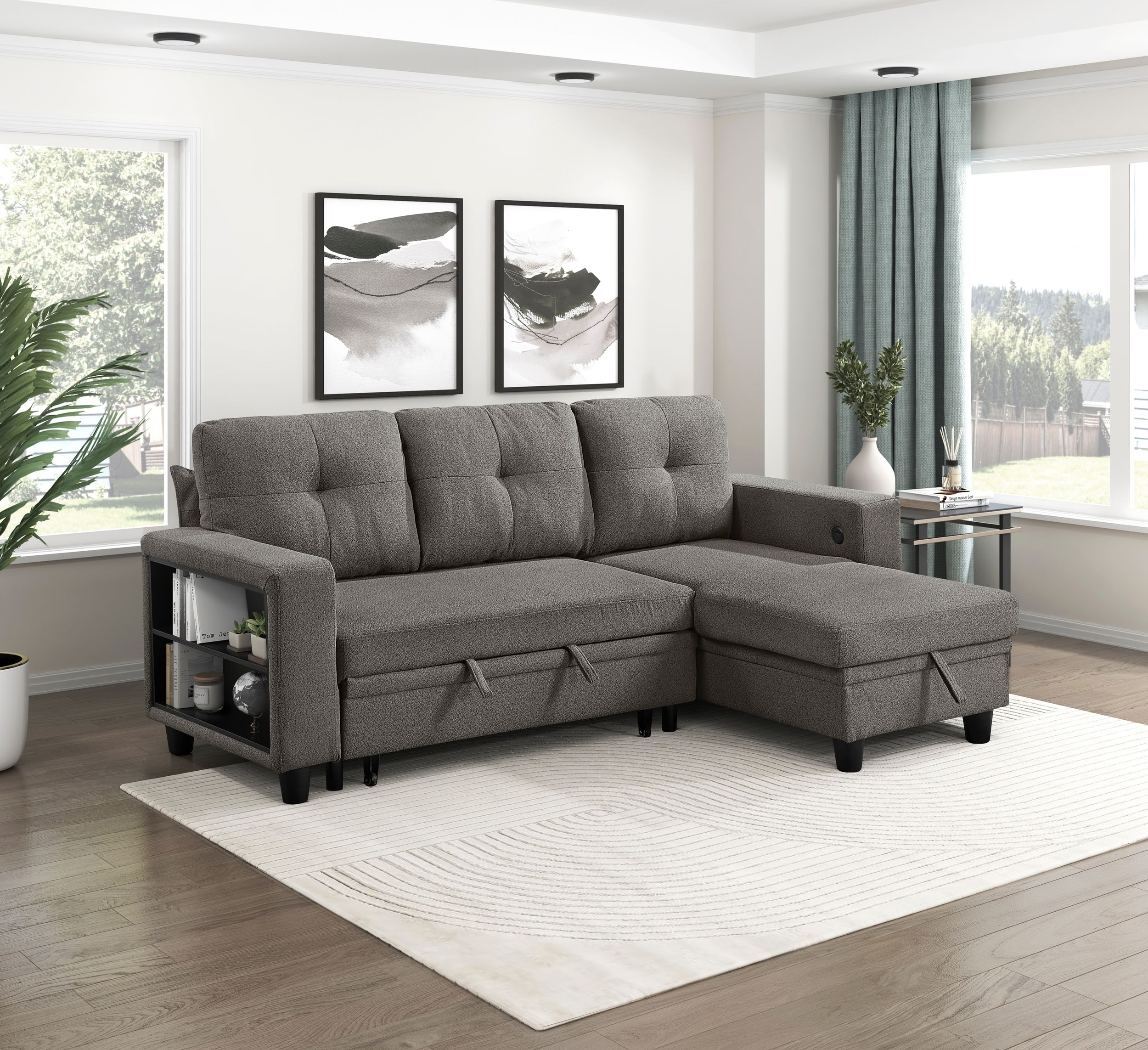 Robinson Boucle Sectional Sofa with Reversible Chaise, Pull‑out Bed, Shelves & Charging Ports