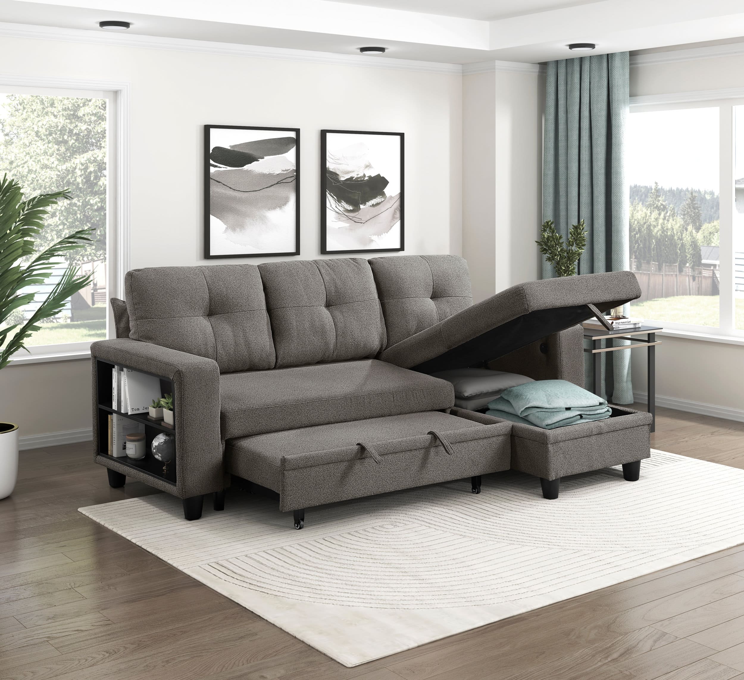 Robinson Boucle Sectional Sofa with Reversible Chaise, Pull‑out Bed, Shelves & Charging Ports