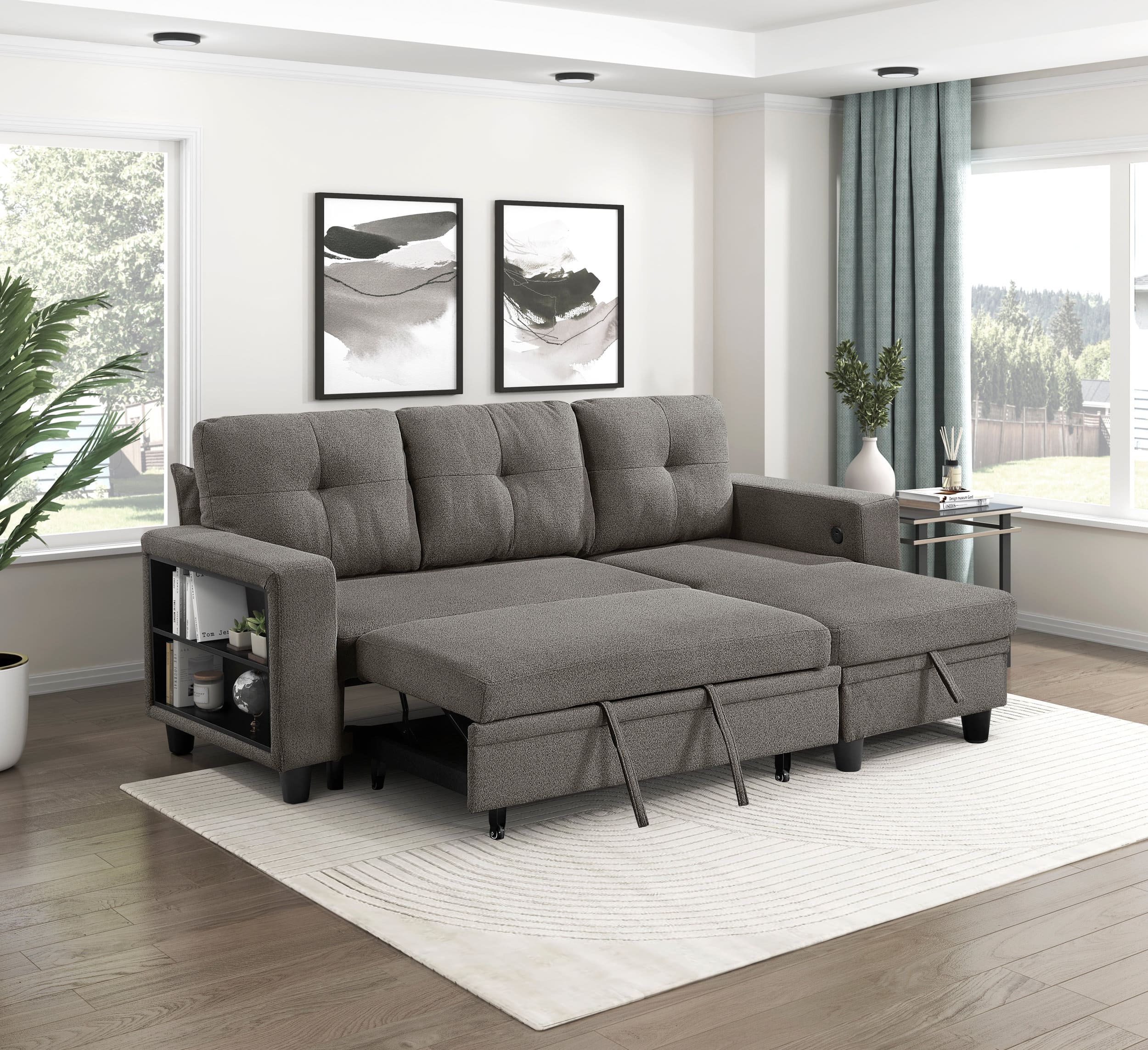 Robinson Boucle Sectional Sofa with Reversible Chaise, Pull‑out Bed, Shelves & Charging Ports