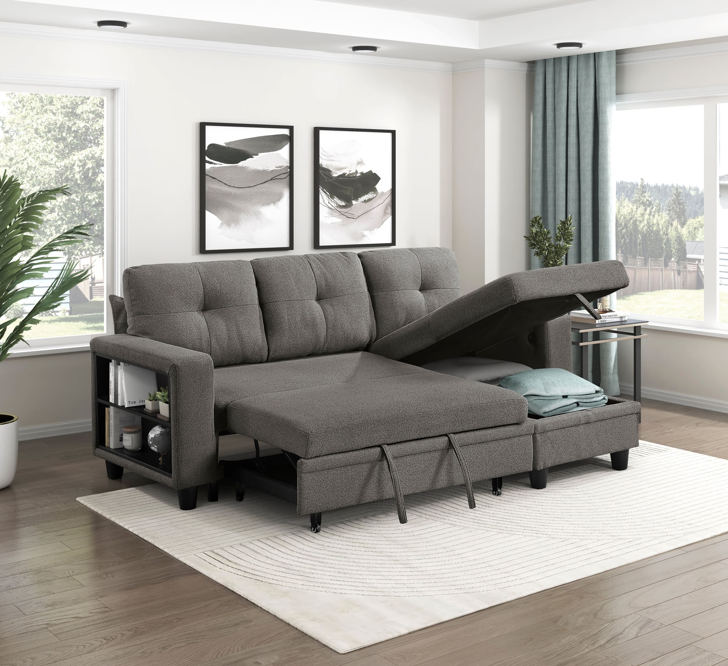 Robinson Boucle Sectional Sofa with Reversible Chaise, Pull‑out Bed, Shelves & Charging Ports