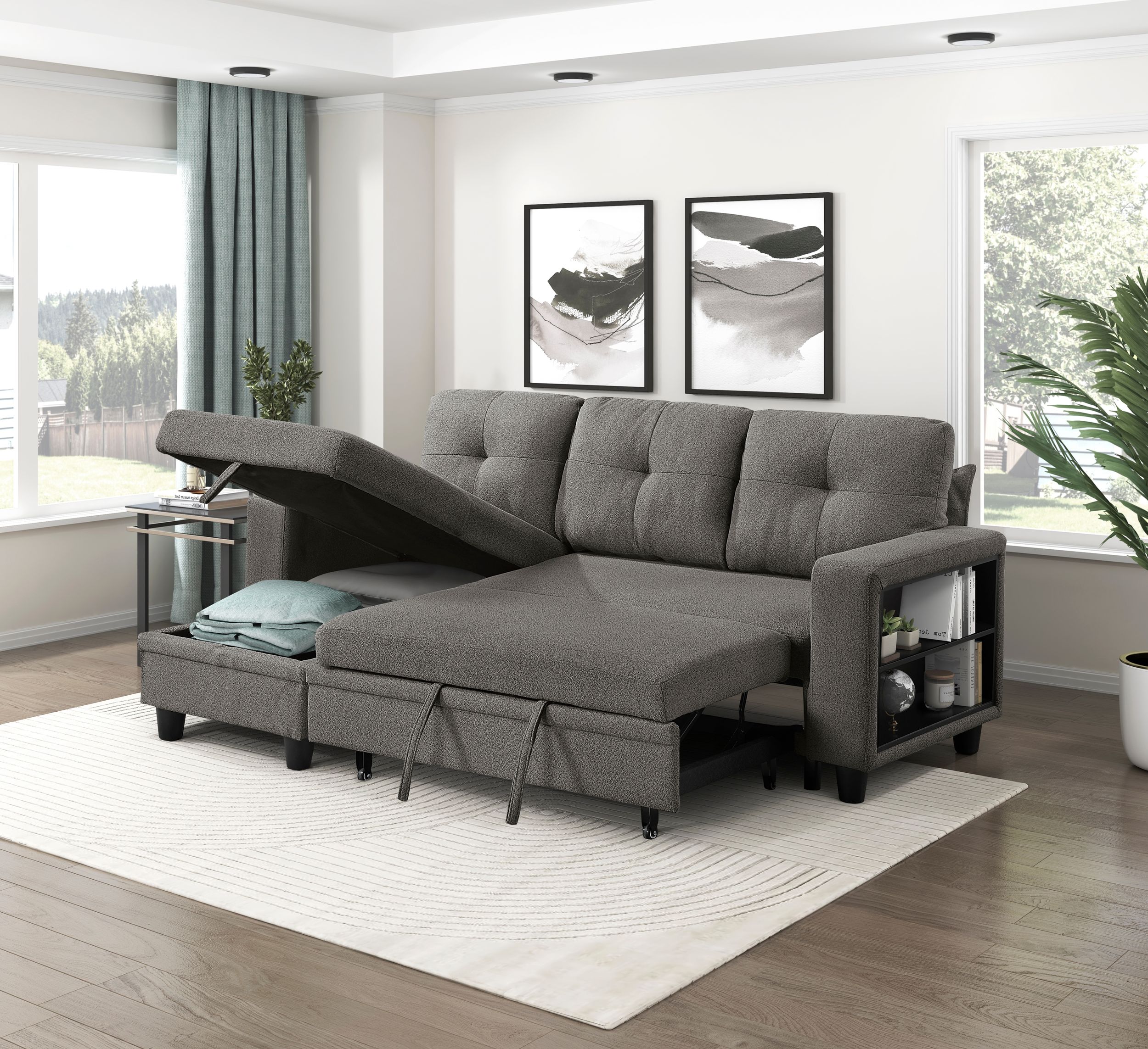 Robinson Boucle Sectional Sofa with Reversible Chaise, Pull‑out Bed, Shelves & Charging Ports