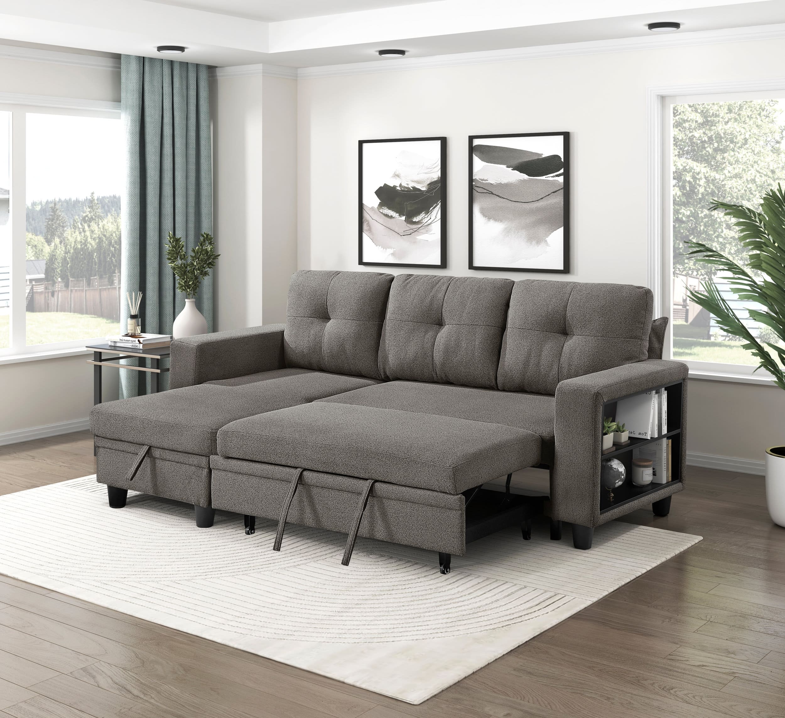 Robinson Boucle Sectional Sofa with Reversible Chaise, Pull‑out Bed, Shelves & Charging Ports