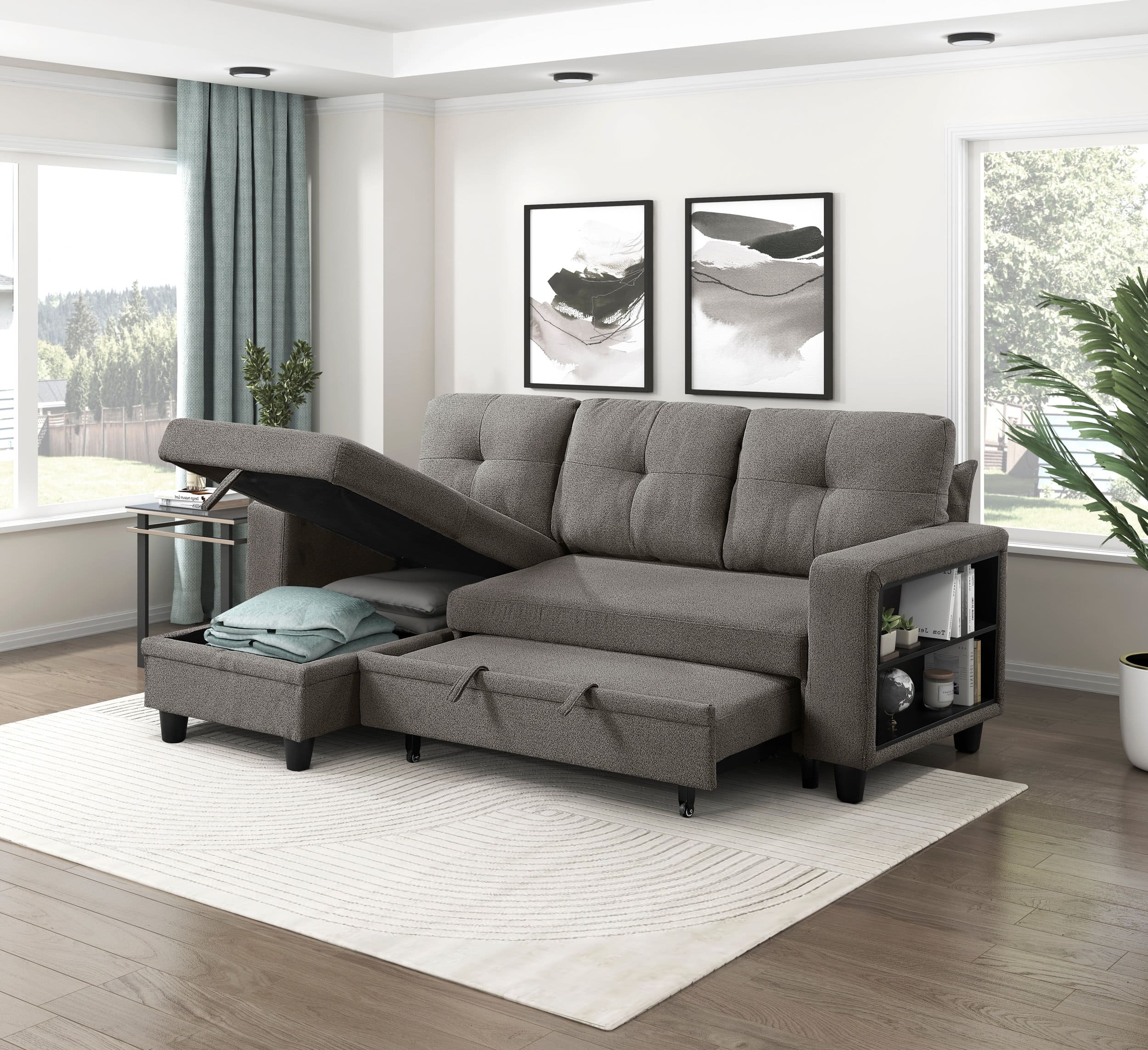 Robinson Boucle Sectional Sofa with Reversible Chaise, Pull‑out Bed, Shelves & Charging Ports