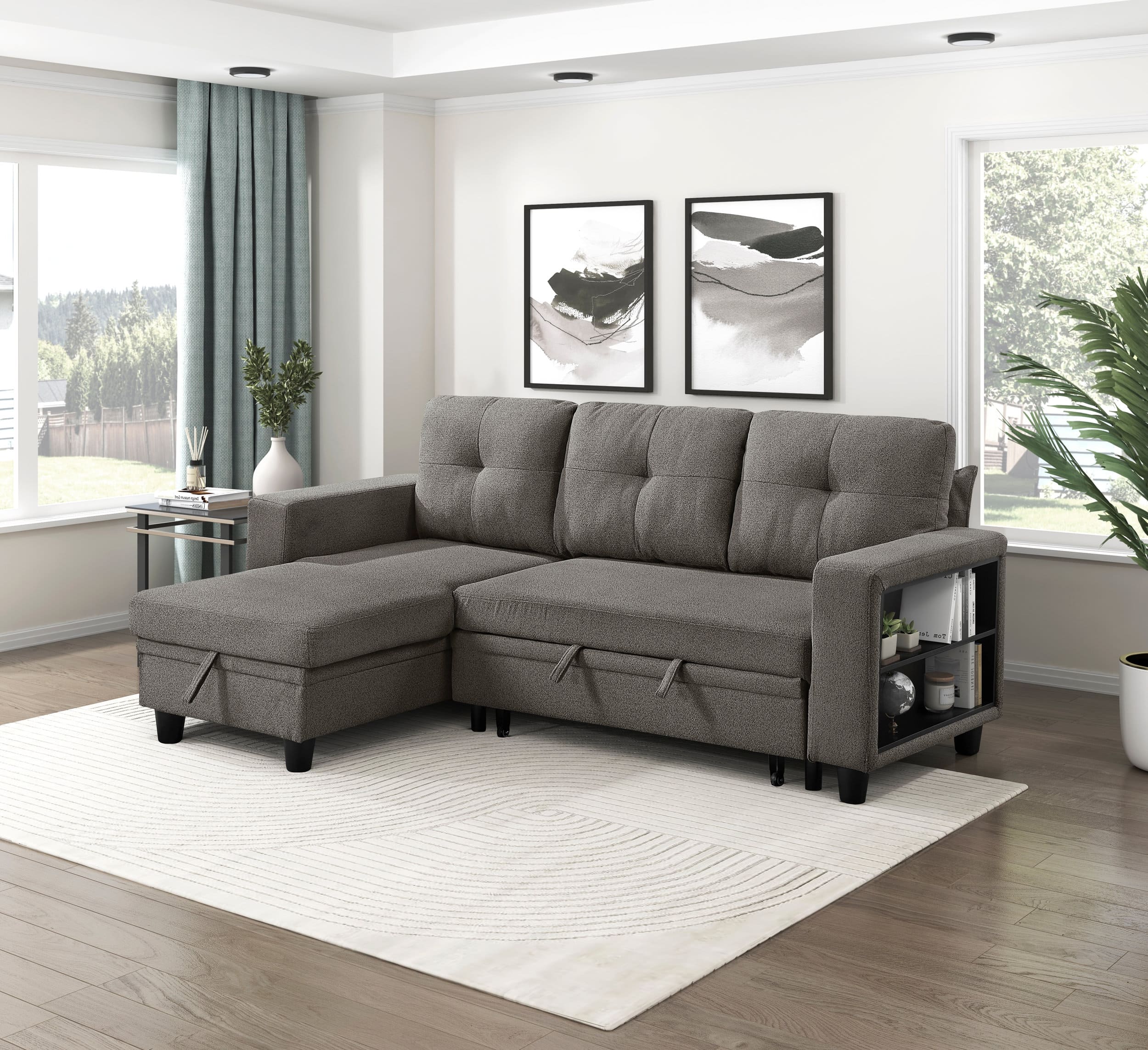 Robinson Boucle Sectional Sofa with Reversible Chaise, Pull‑out Bed, Shelves & Charging Ports