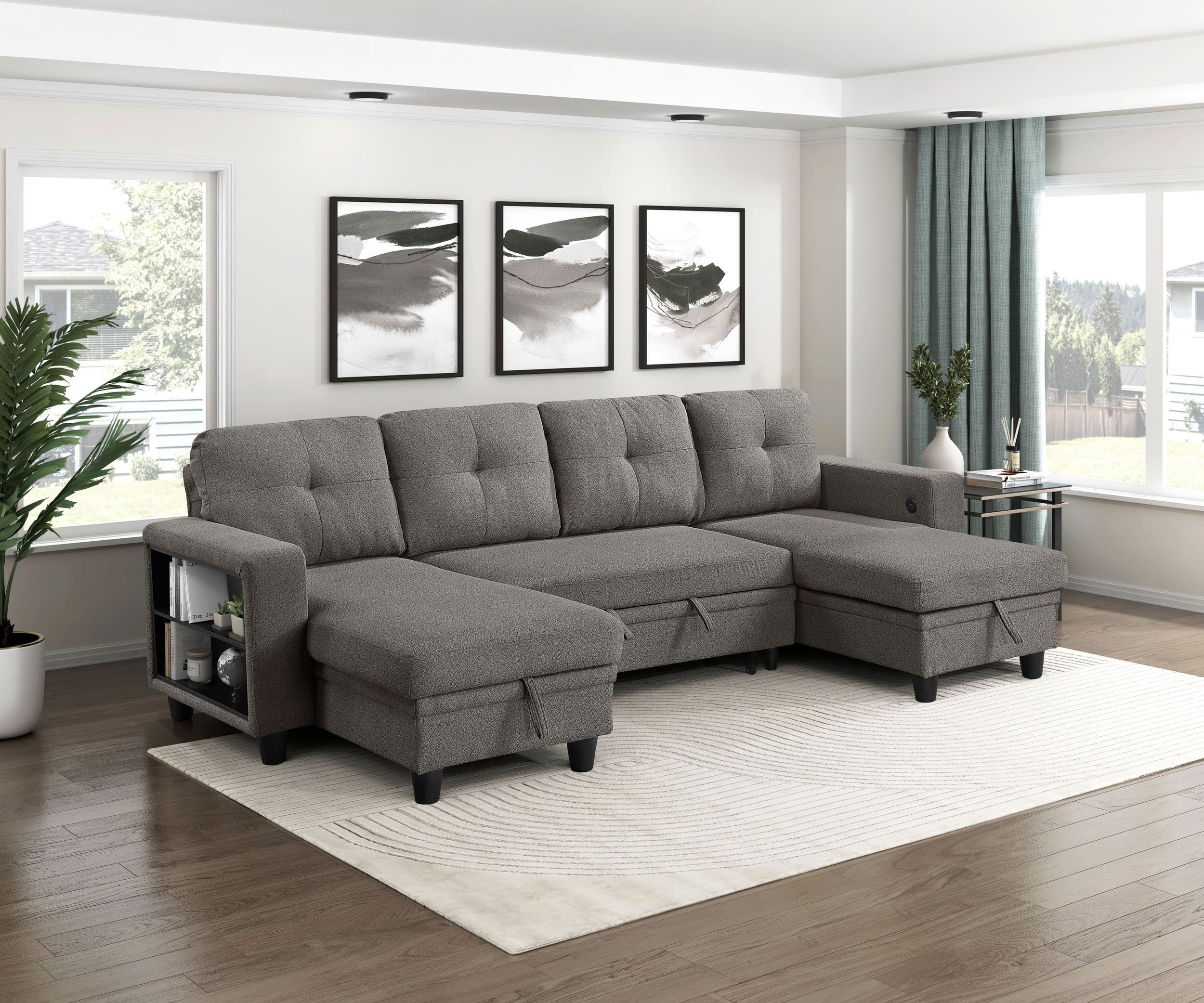 Robinson Boucle Double Chaise Sectional with Pull‑out Bed, Shelves & Charging Ports