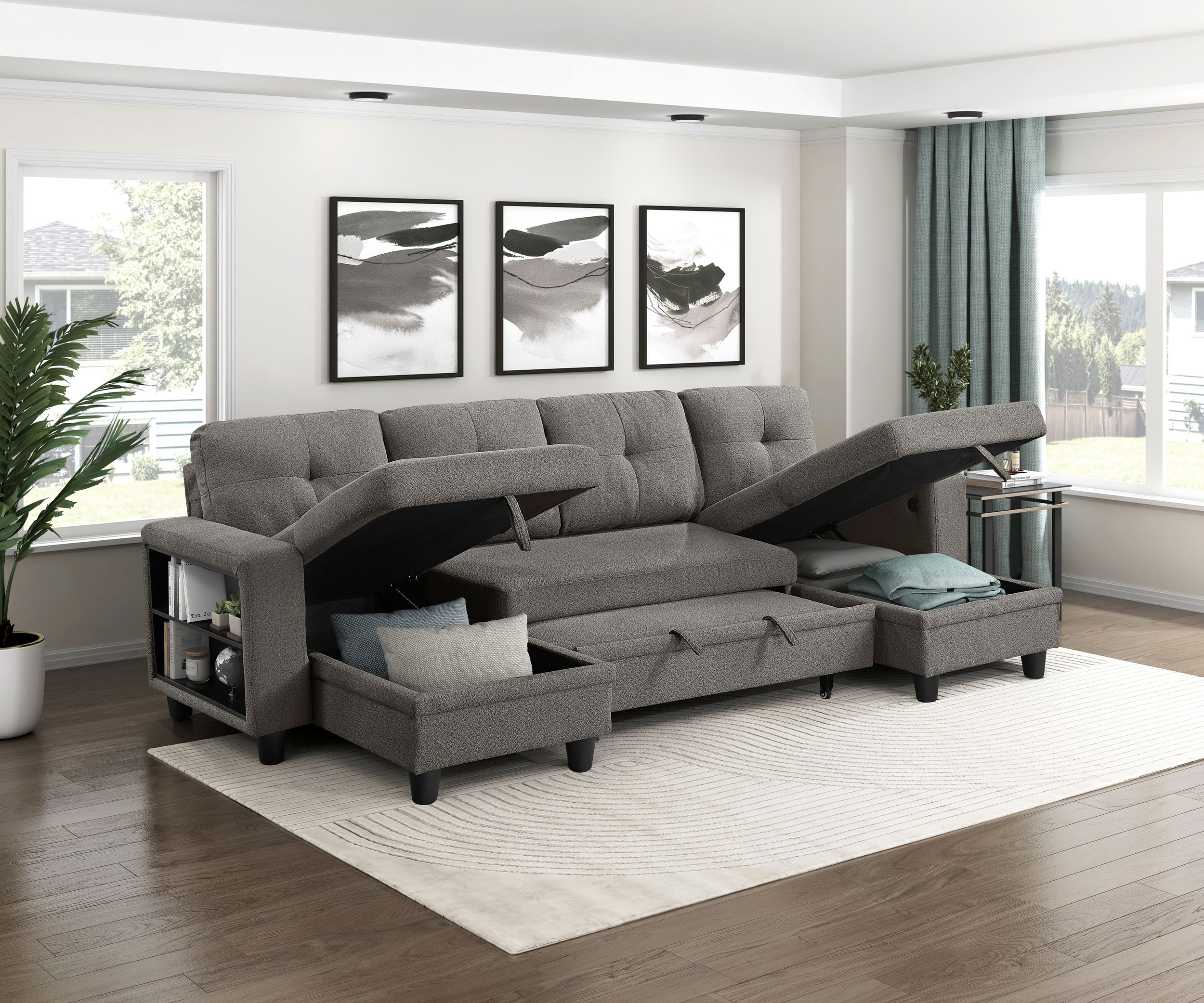 Robinson Boucle Double Chaise Sectional with Pull‑out Bed, Shelves & Charging Ports
