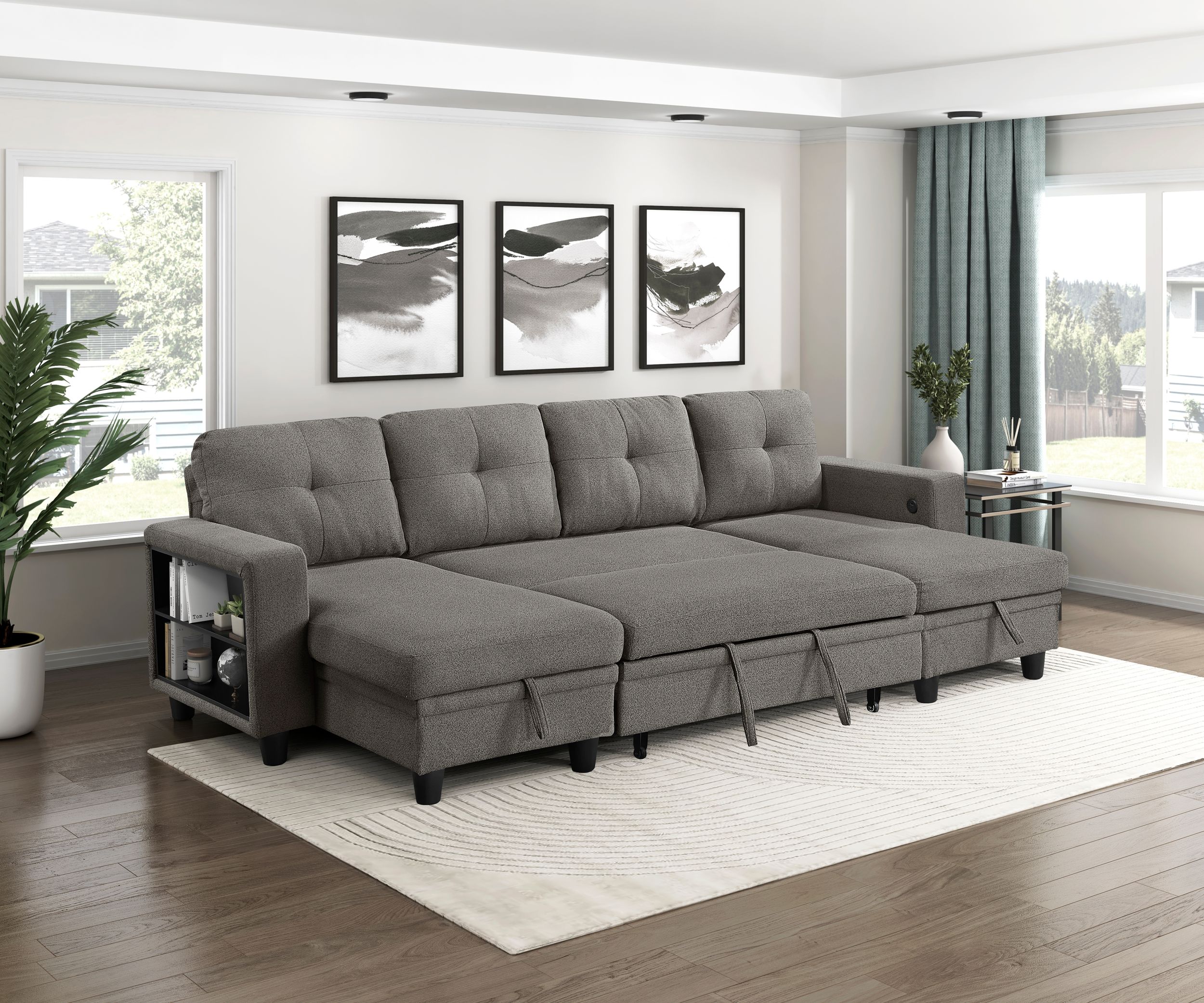 Robinson Boucle Double Chaise Sectional with Pull‑out Bed, Shelves & Charging Ports