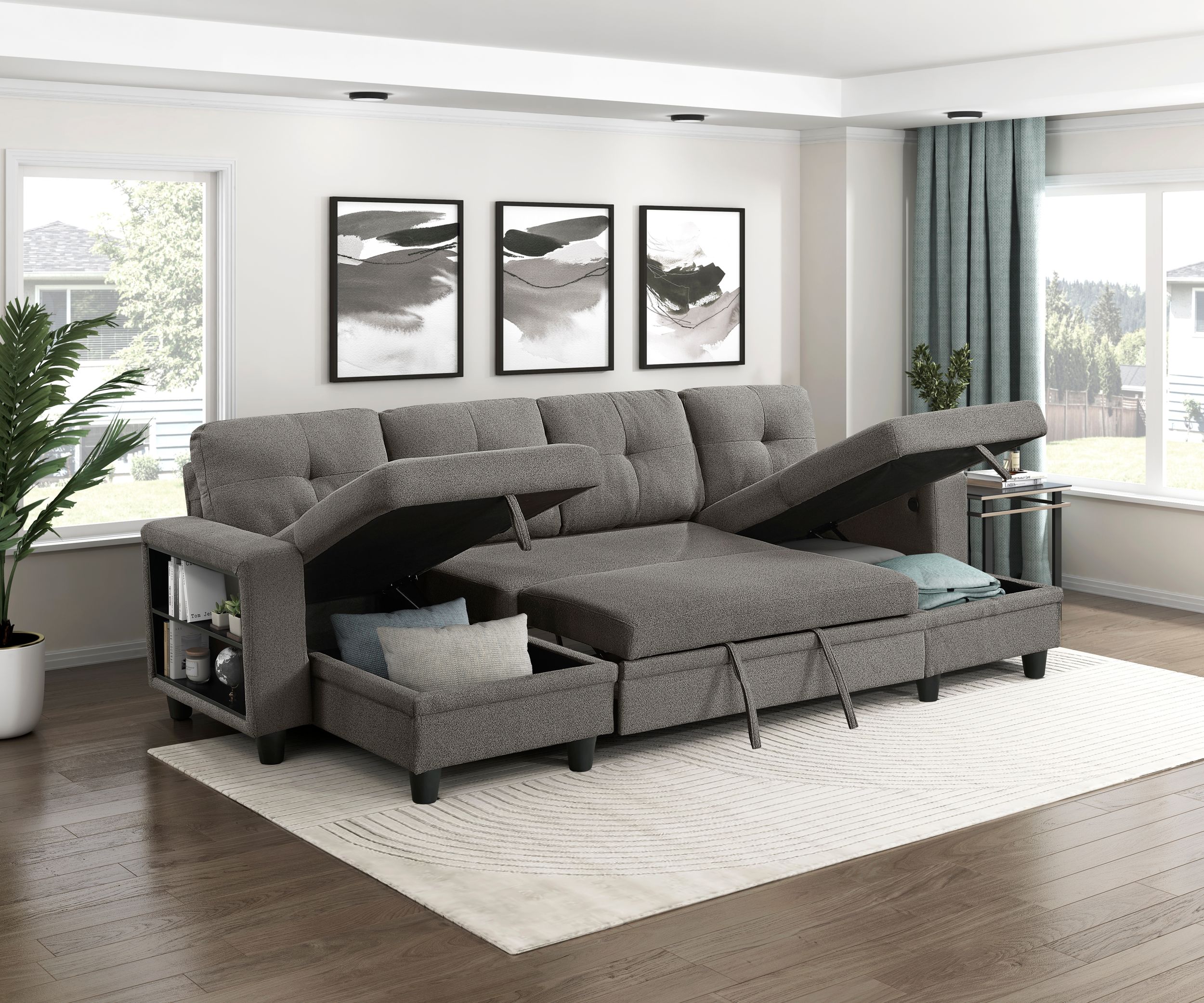 Robinson Boucle Double Chaise Sectional with Pull‑out Bed, Shelves & Charging Ports