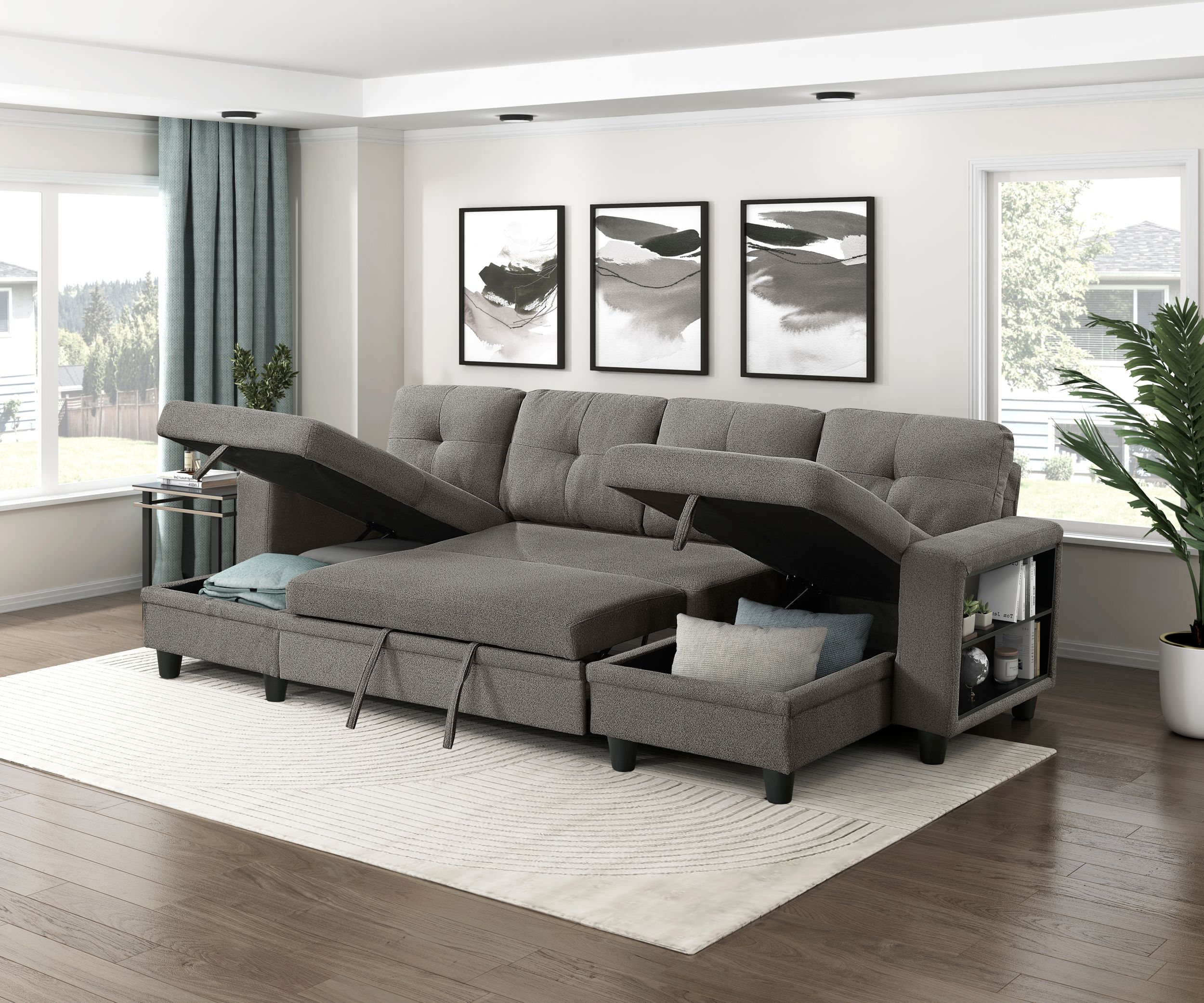 Robinson Boucle Double Chaise Sectional with Pull‑out Bed, Shelves & Charging Ports