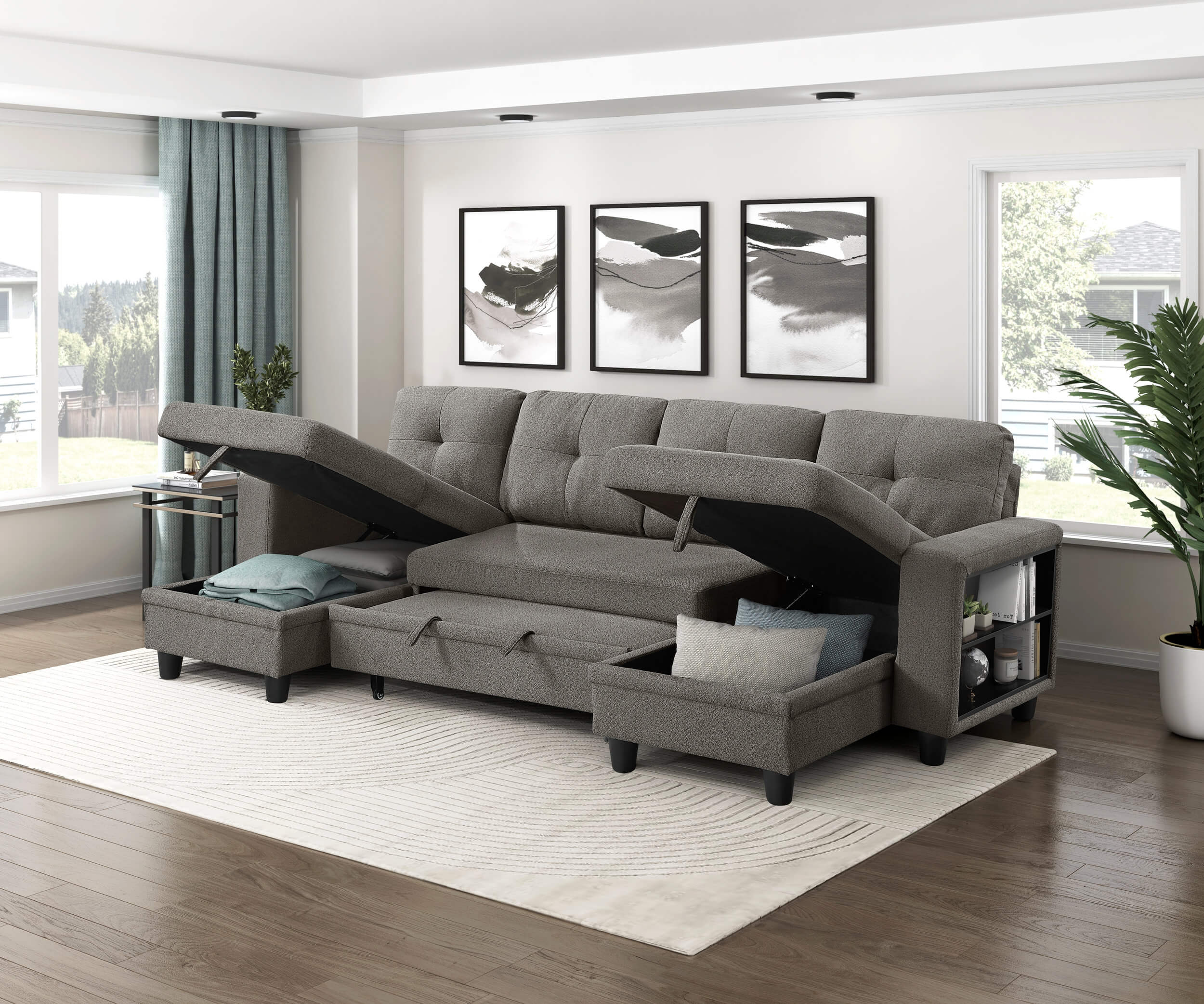 Robinson Boucle Double Chaise Sectional with Pull‑out Bed, Shelves & Charging Ports
