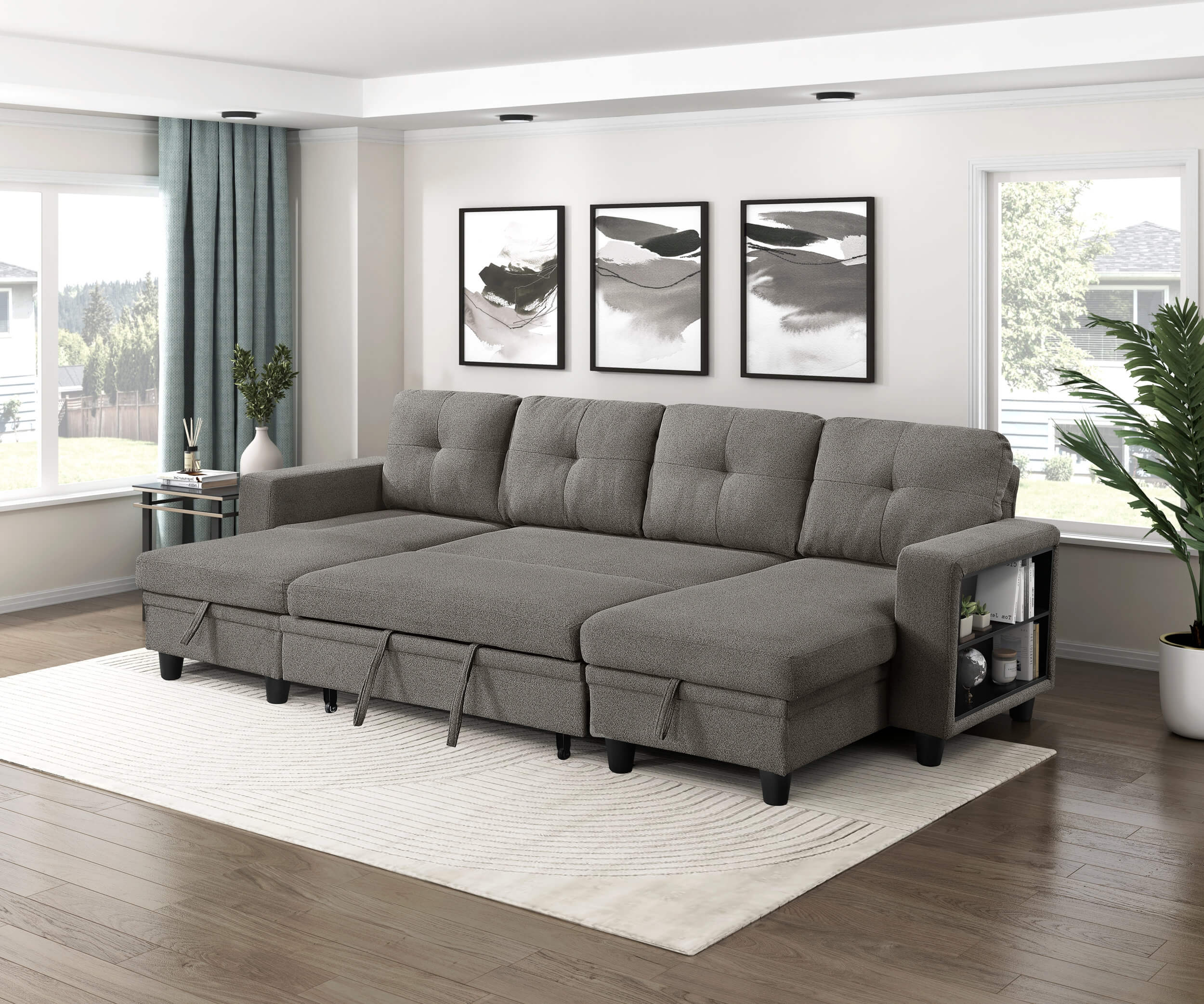 Robinson Boucle Double Chaise Sectional with Pull‑out Bed, Shelves & Charging Ports